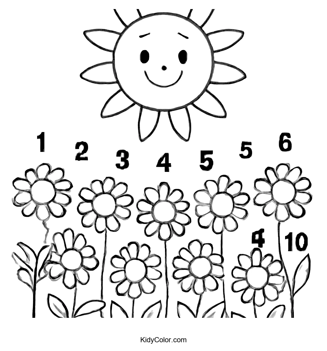A smiling sun over daisies numbered 1 to 10, for counting.
