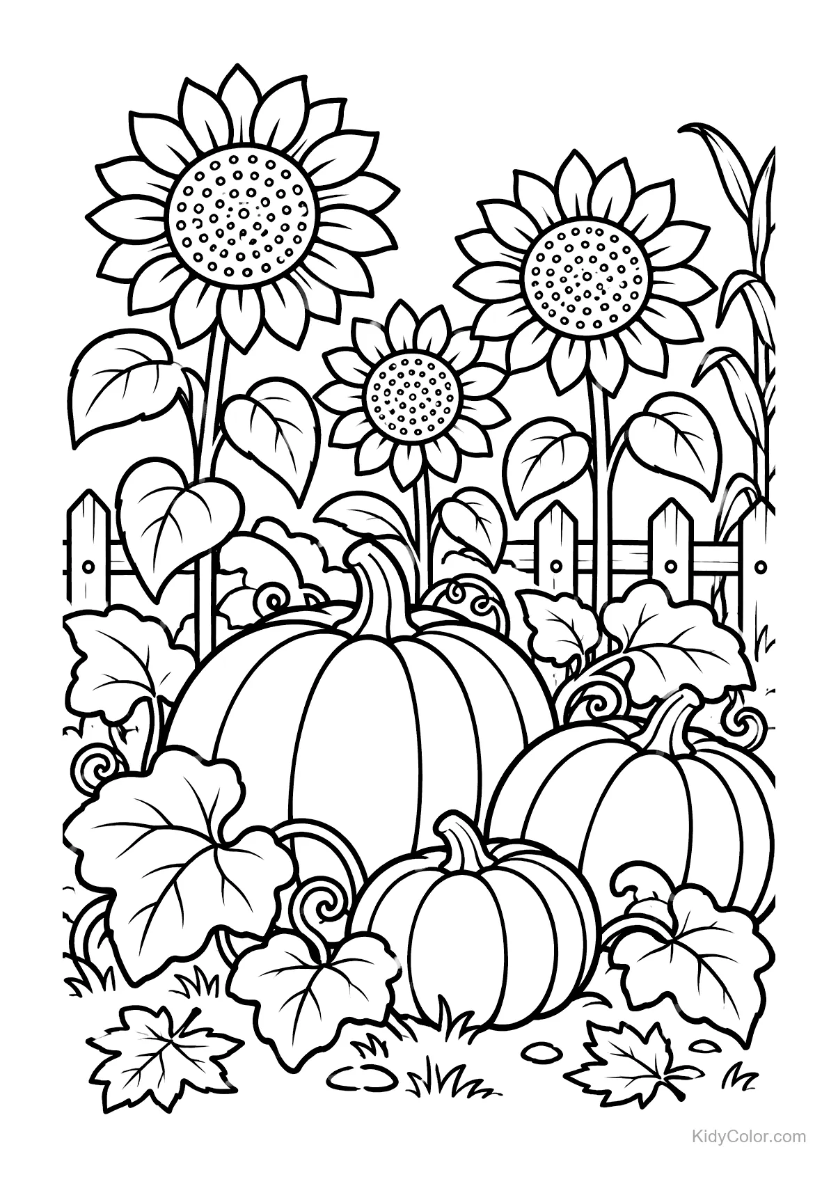 Sunflowers and pumpkins in a garden with leaves and a fence.