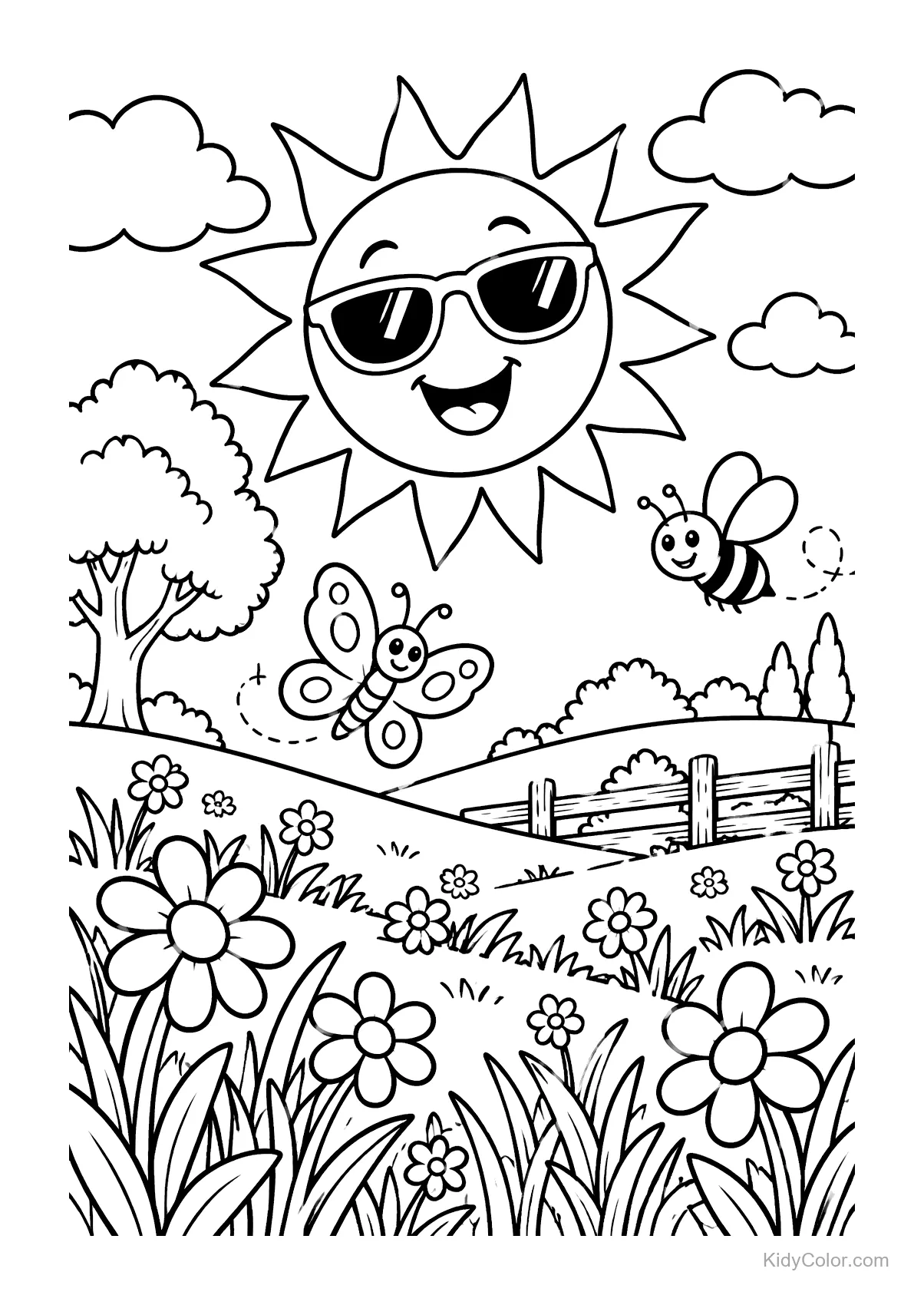 Smiling sun with sunglasses above a meadow with flowers, a butterfly, and a bee.