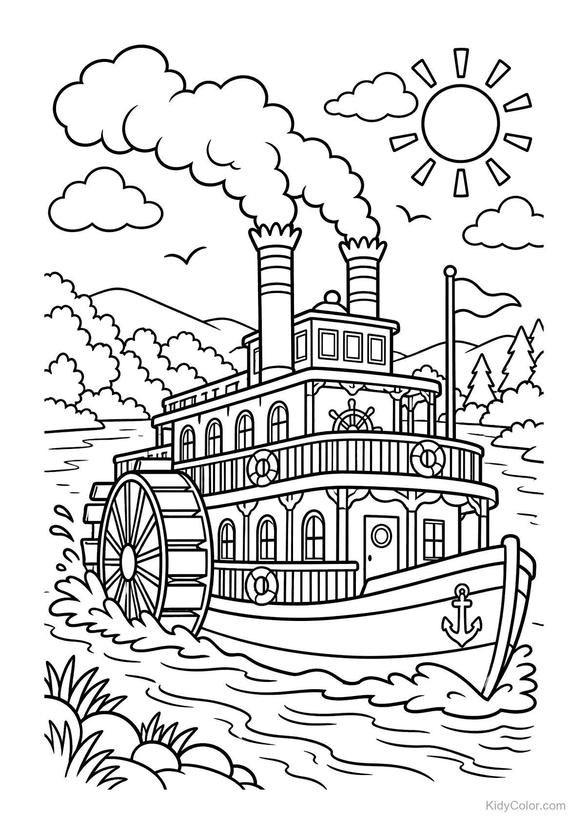 A riverboat sailing on a river with smoke from chimneys and a sun in the sky.