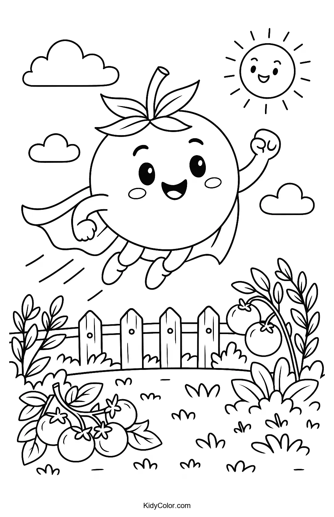 Super Tomato Hero flying over a garden