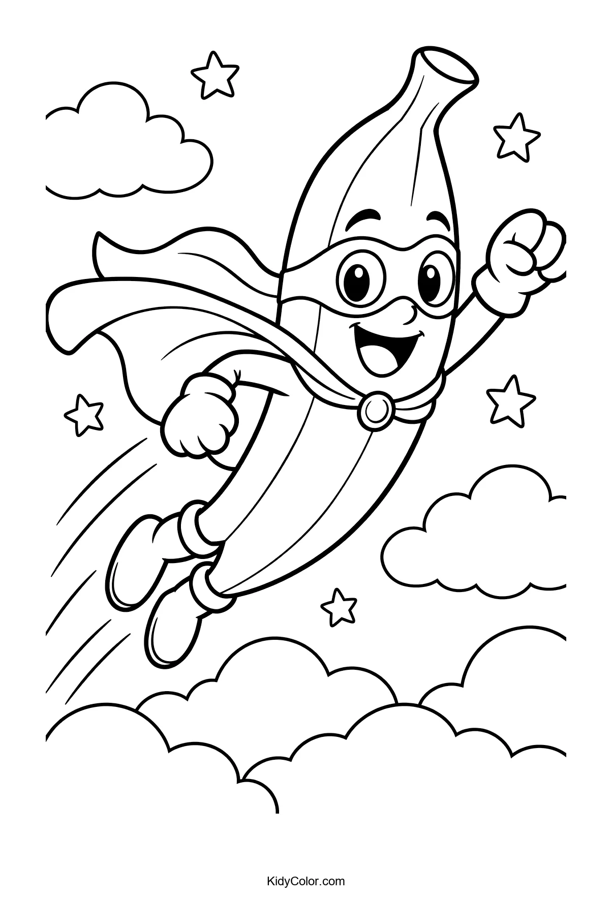 A superhero banana flying through clouds with stars around.