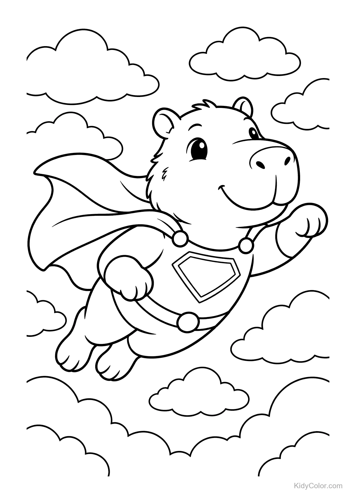 Superhero capybara flying among fluffy clouds.