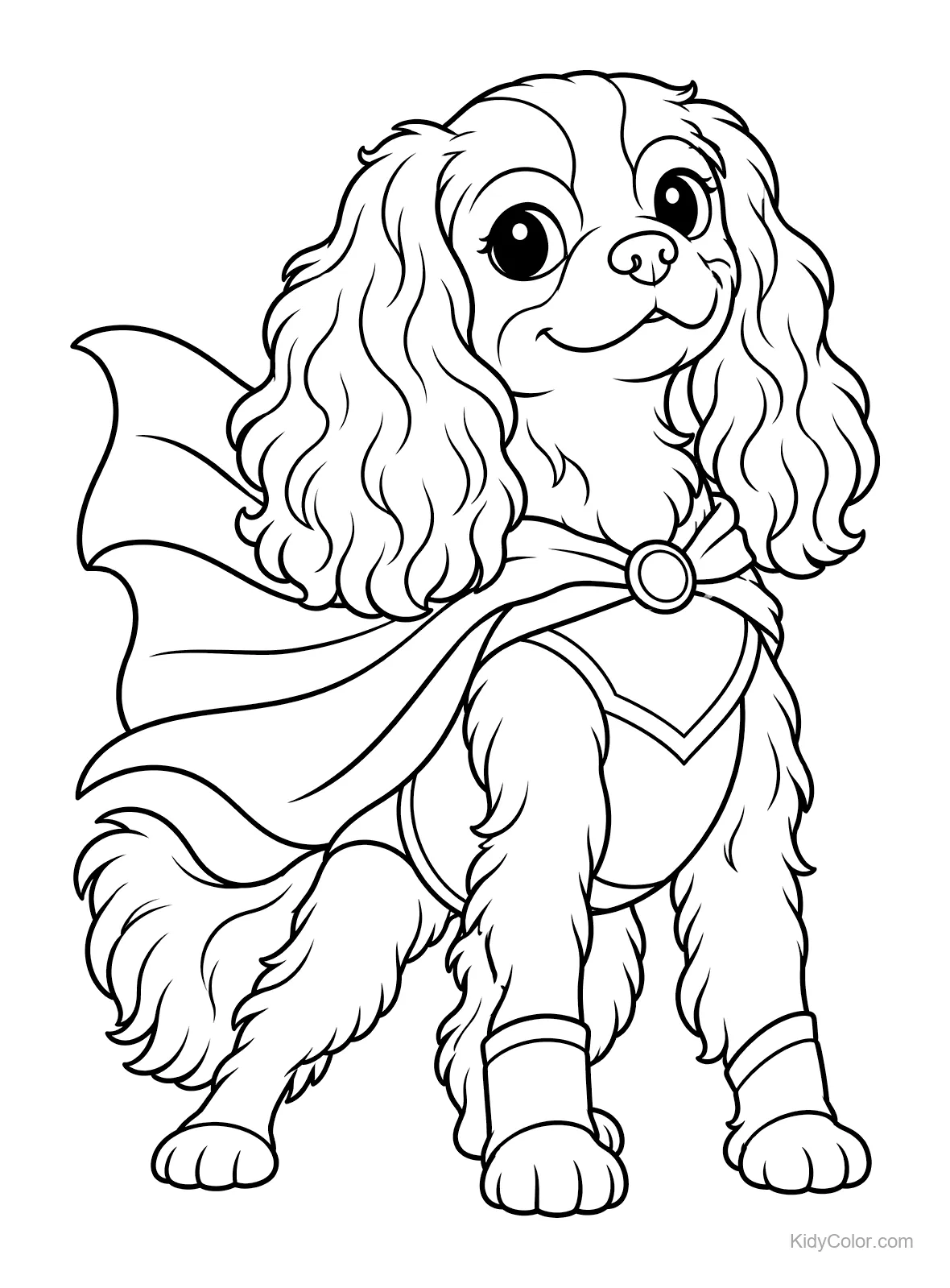 Cavalier King Charles Spaniel en costume de super-héros avec une cape.