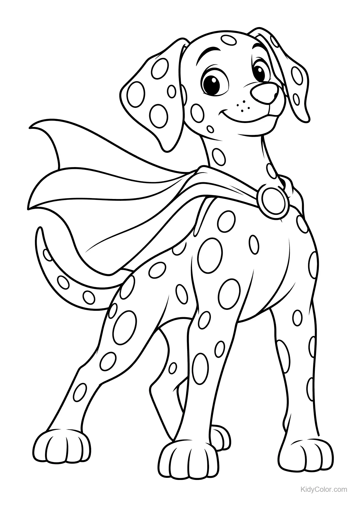 Dalmatien portant une cape de super-héros, debout fièrement.