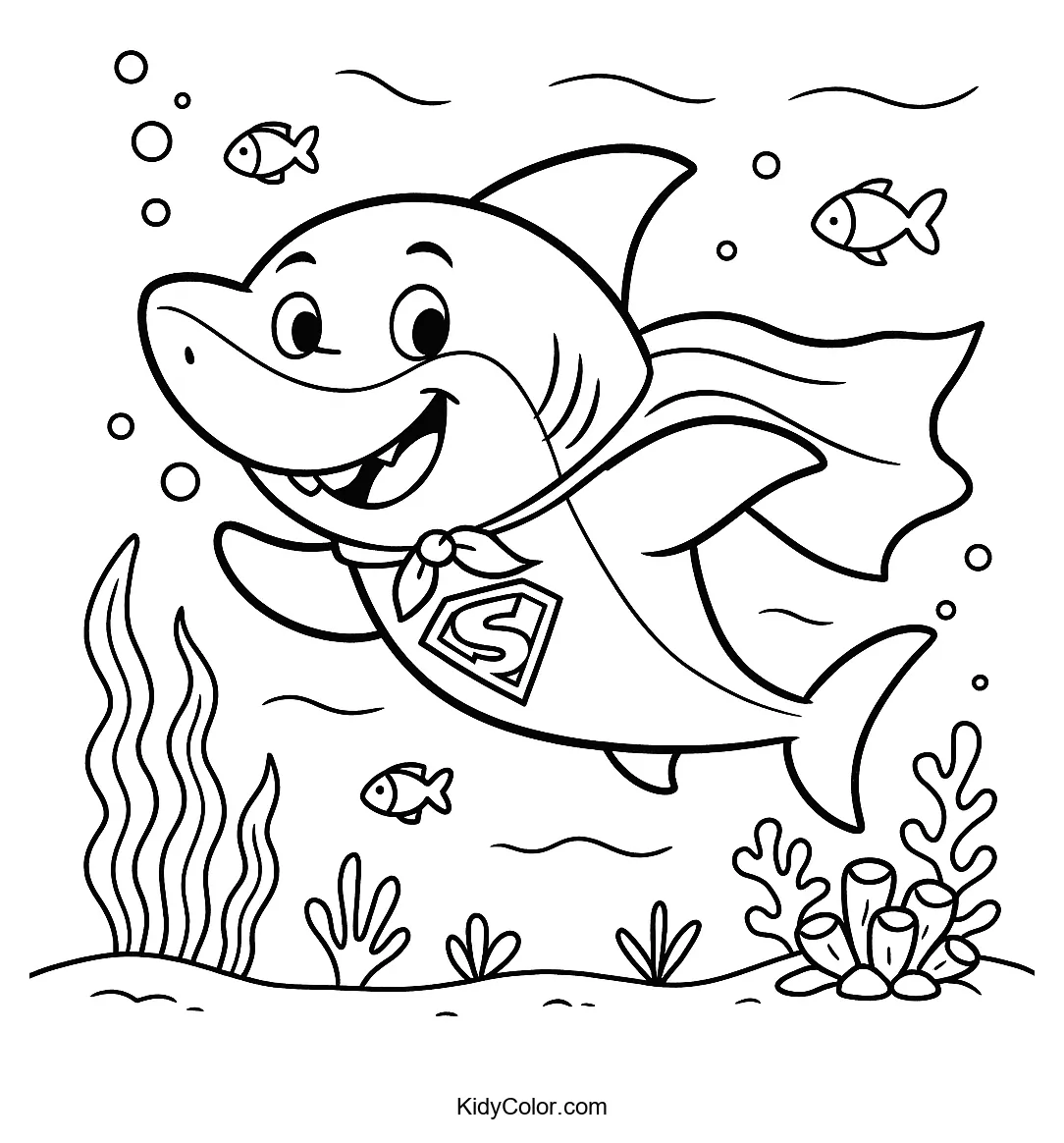 Superhero shark underwater adventure coloring page