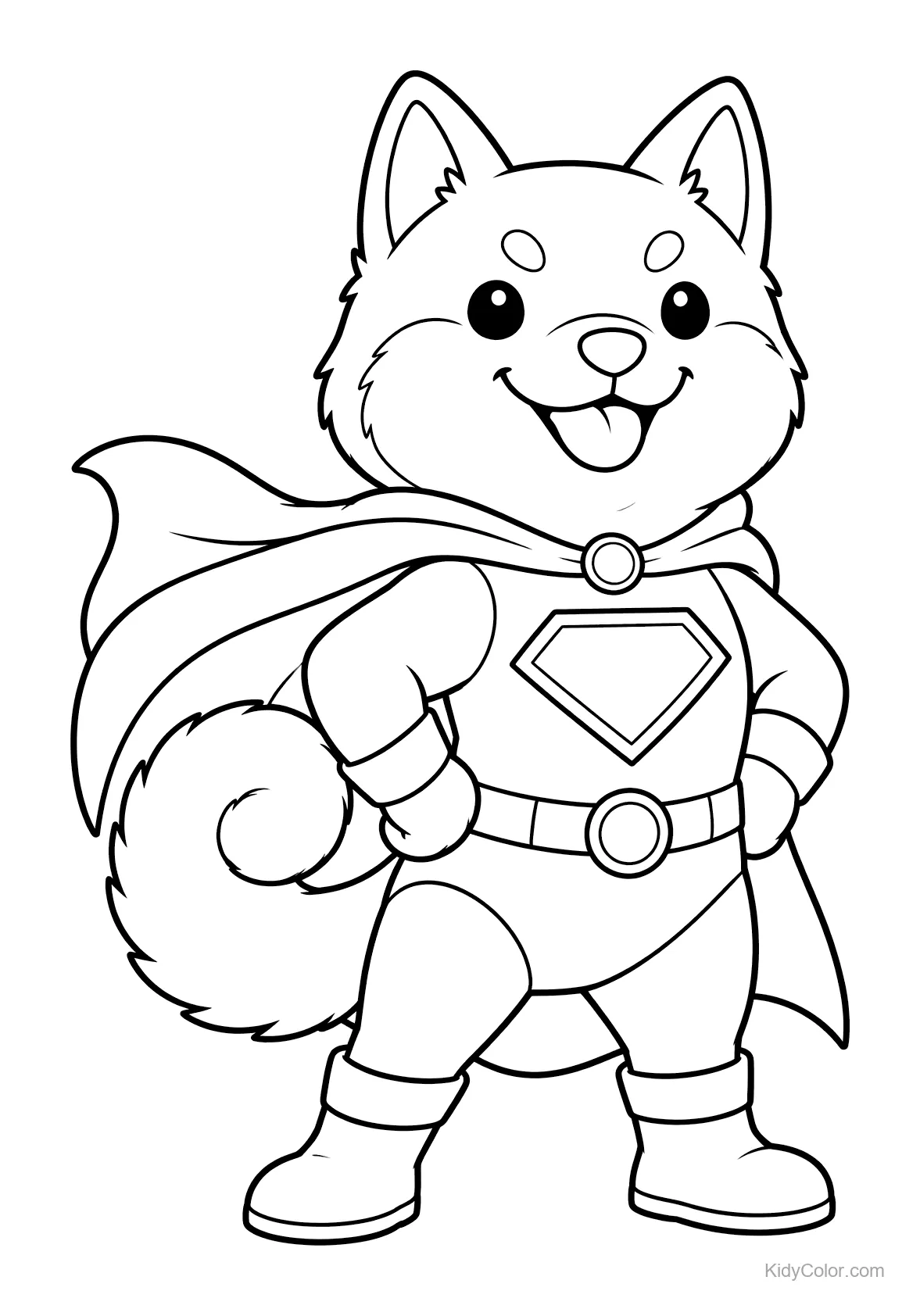 Shiba Inu verkleed als superheld met cape en embleem.