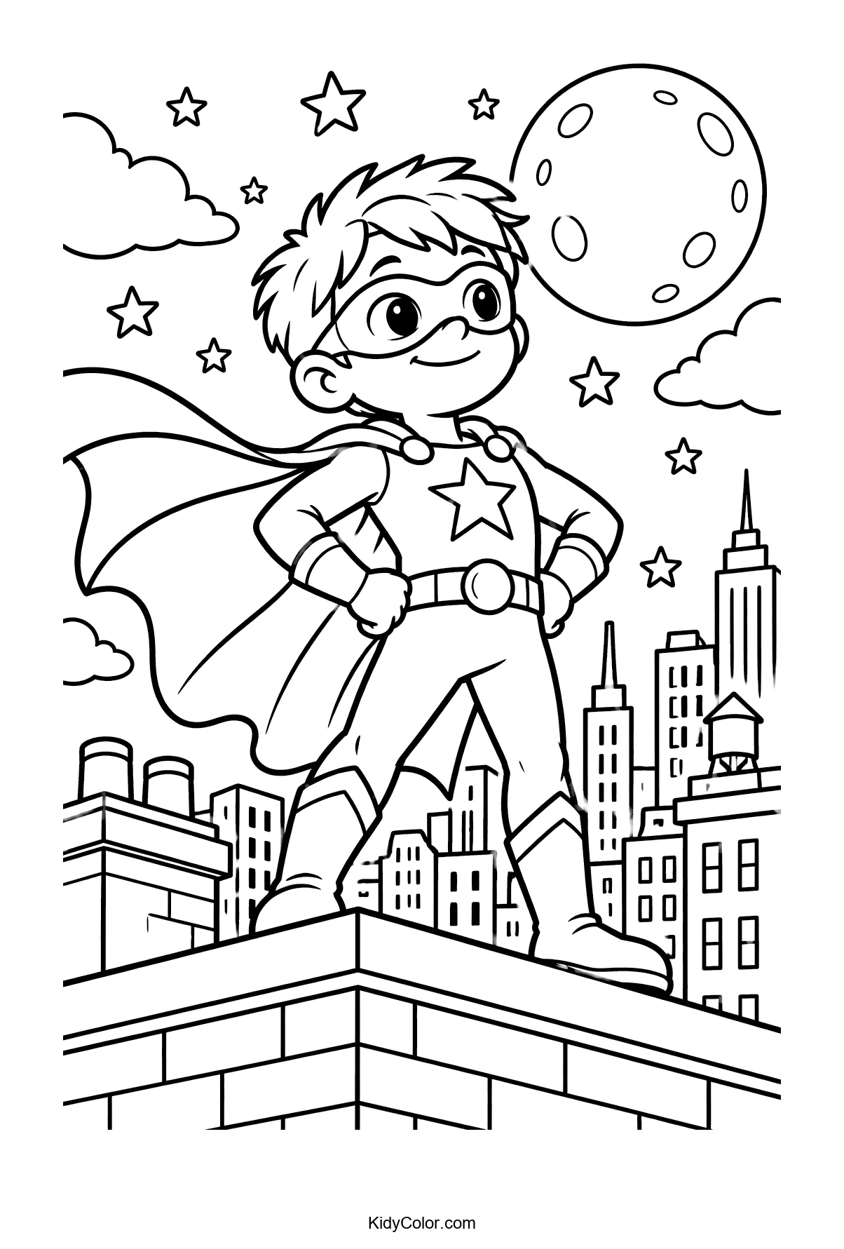 Superhero on a rooftop with a cape, moon, and stars in the sky.