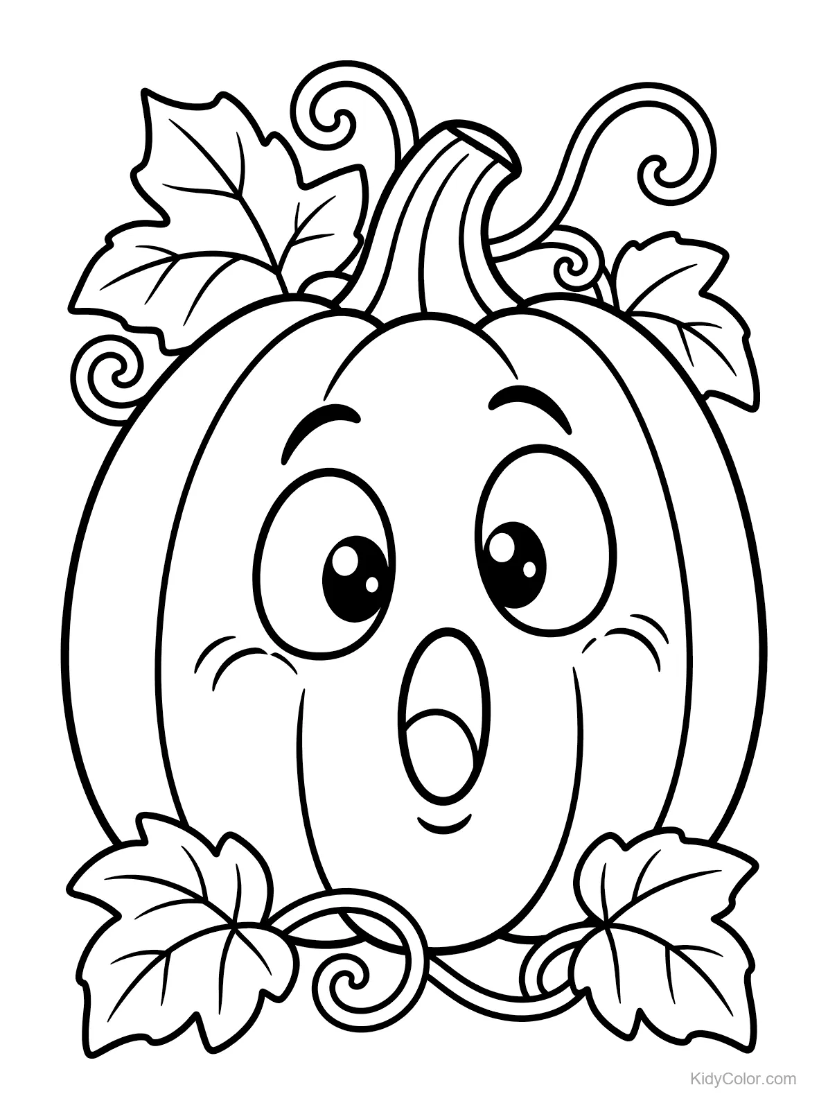 Surprised pumpkin with big eyes and curly vines.