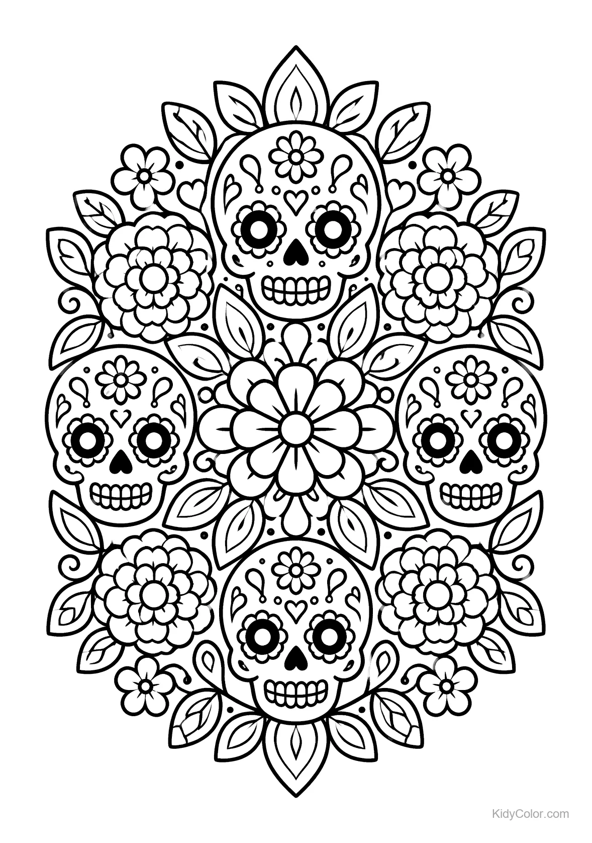 Symmetrical sugar skull mandala with flowers and leaves.