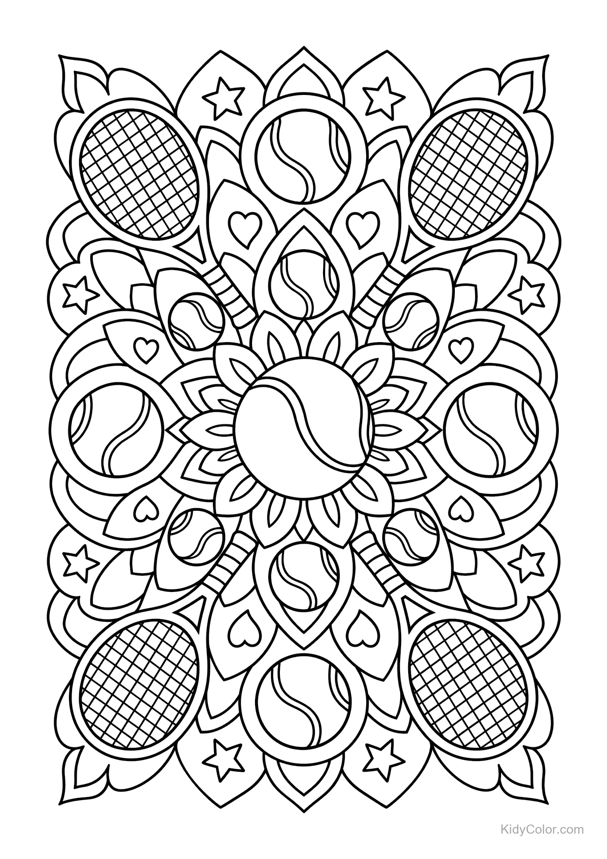 Mandala with tennis rackets and balls in a symmetrical design.