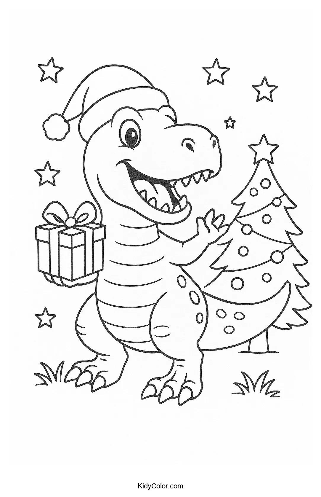 T-Rex wearing a Santa hat and scarf celebrating Christmas.