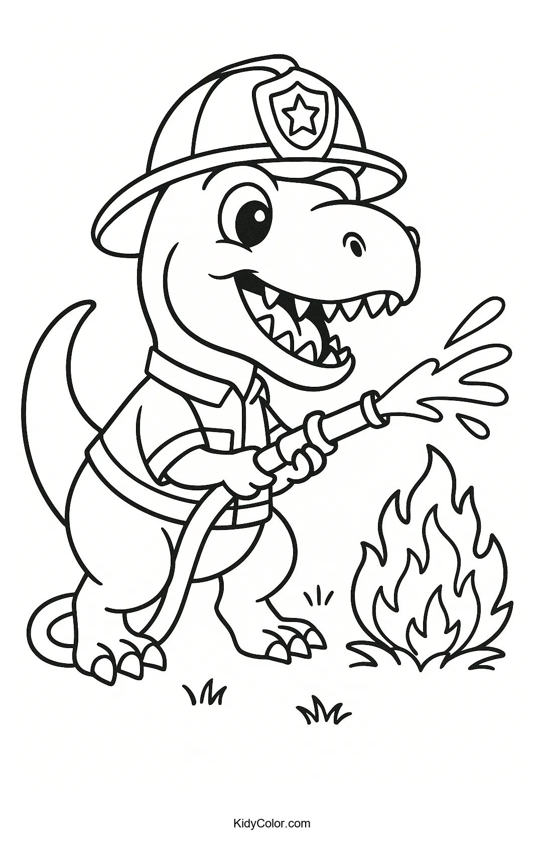 T-Rex dressed as a firefighter in action