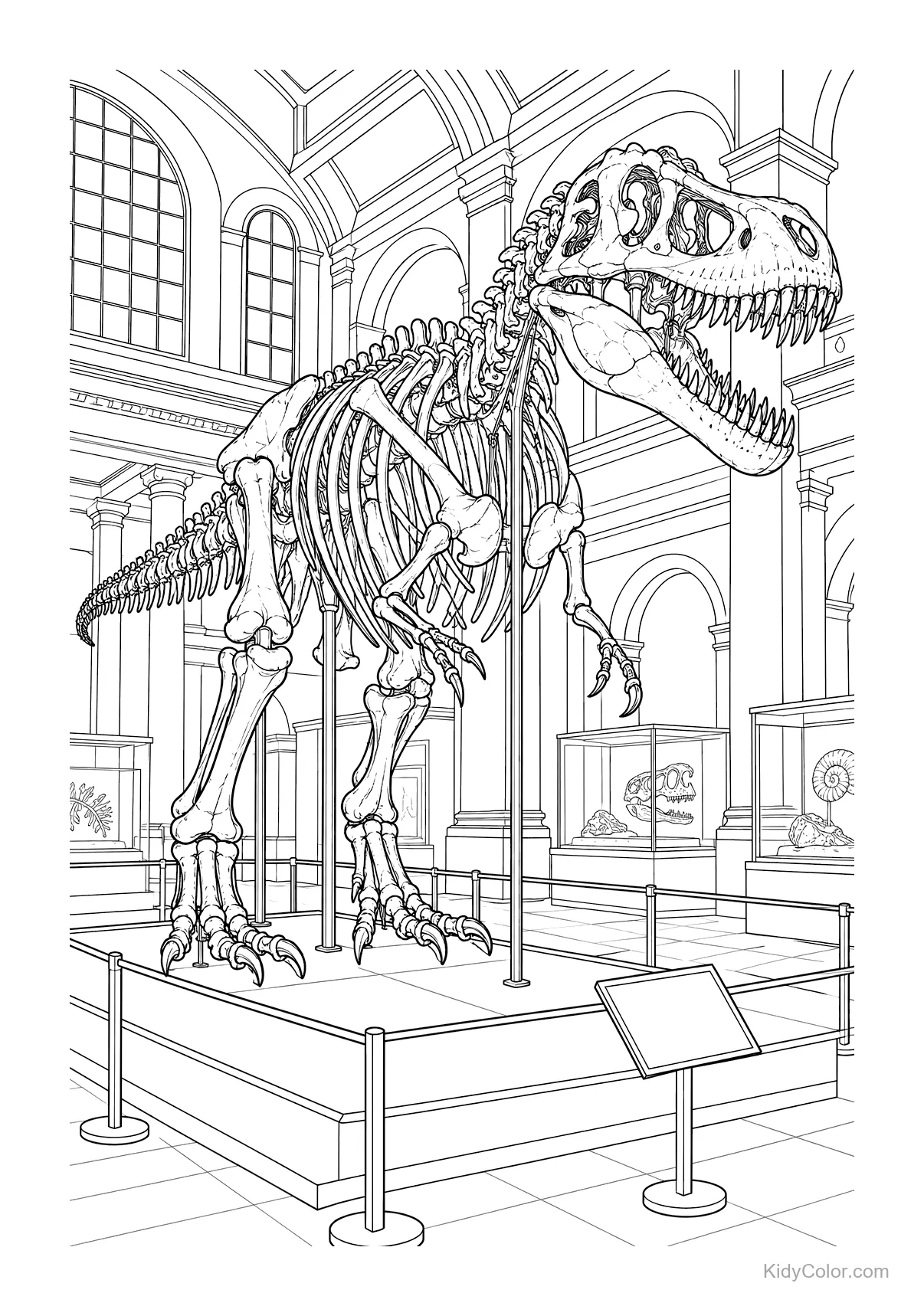 T. Rex skeleton displayed in a museum hall with surrounding exhibits.