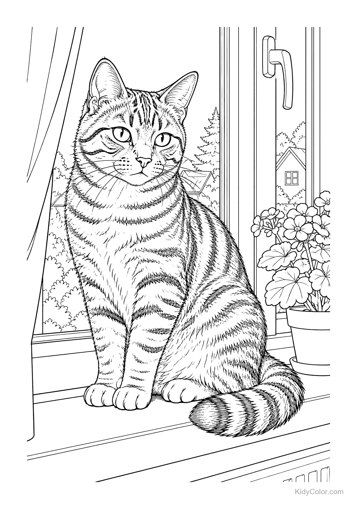 A tabby cat sitting on a windowsill with flowers nearby.