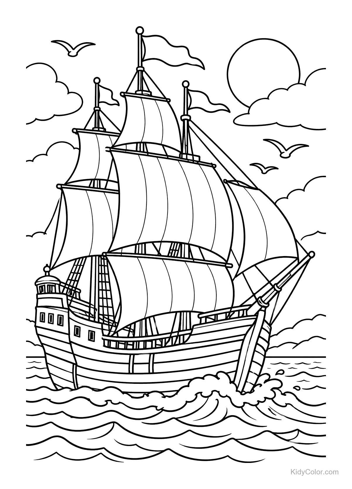 A tall ship with sails in the ocean, waves and seagulls around.