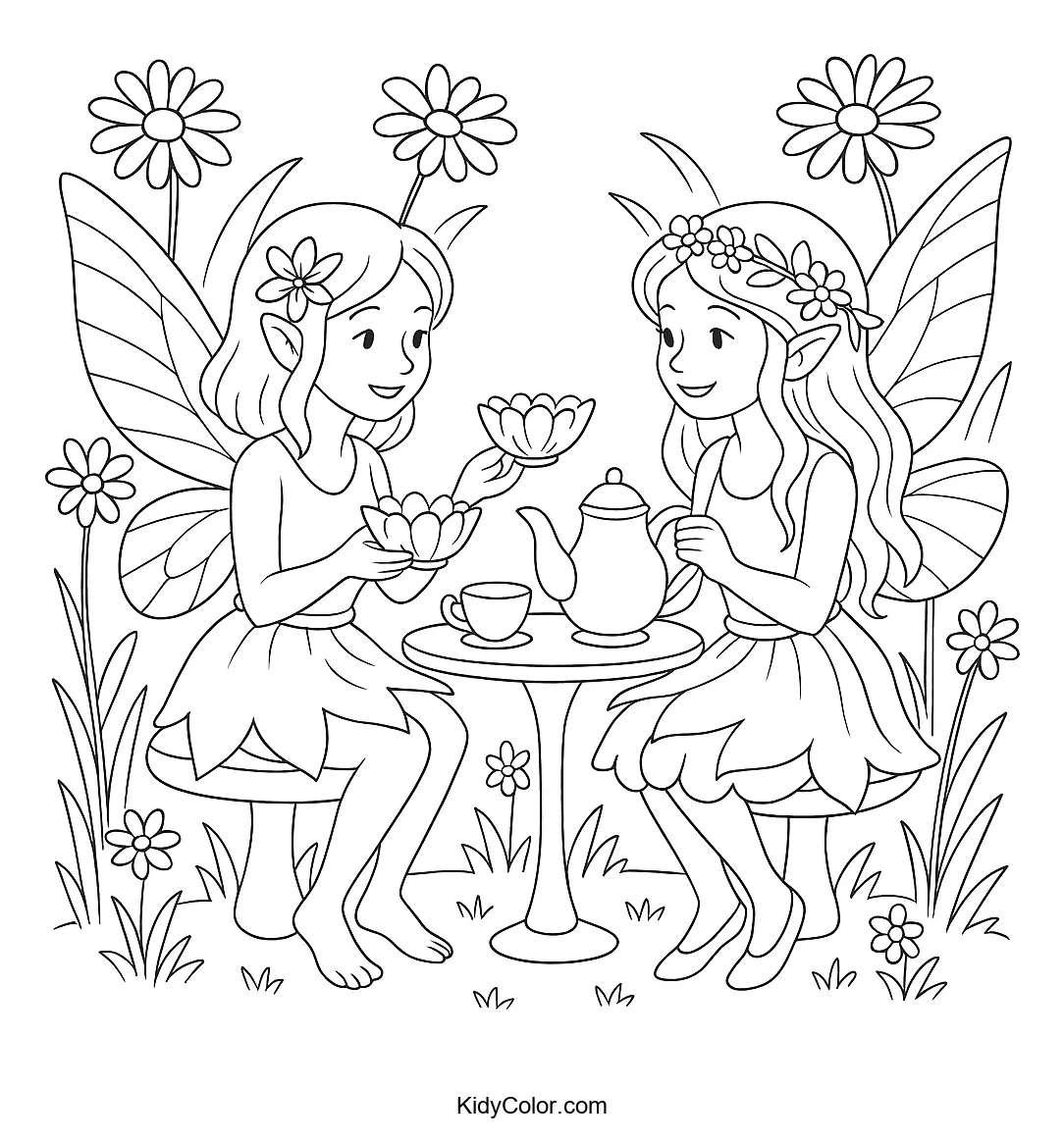 Coloring page of a tea party with flowers