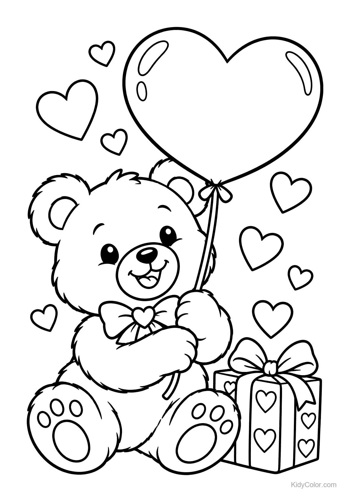 Teddy bear holding a heart-shaped balloon with hearts and a gift box.