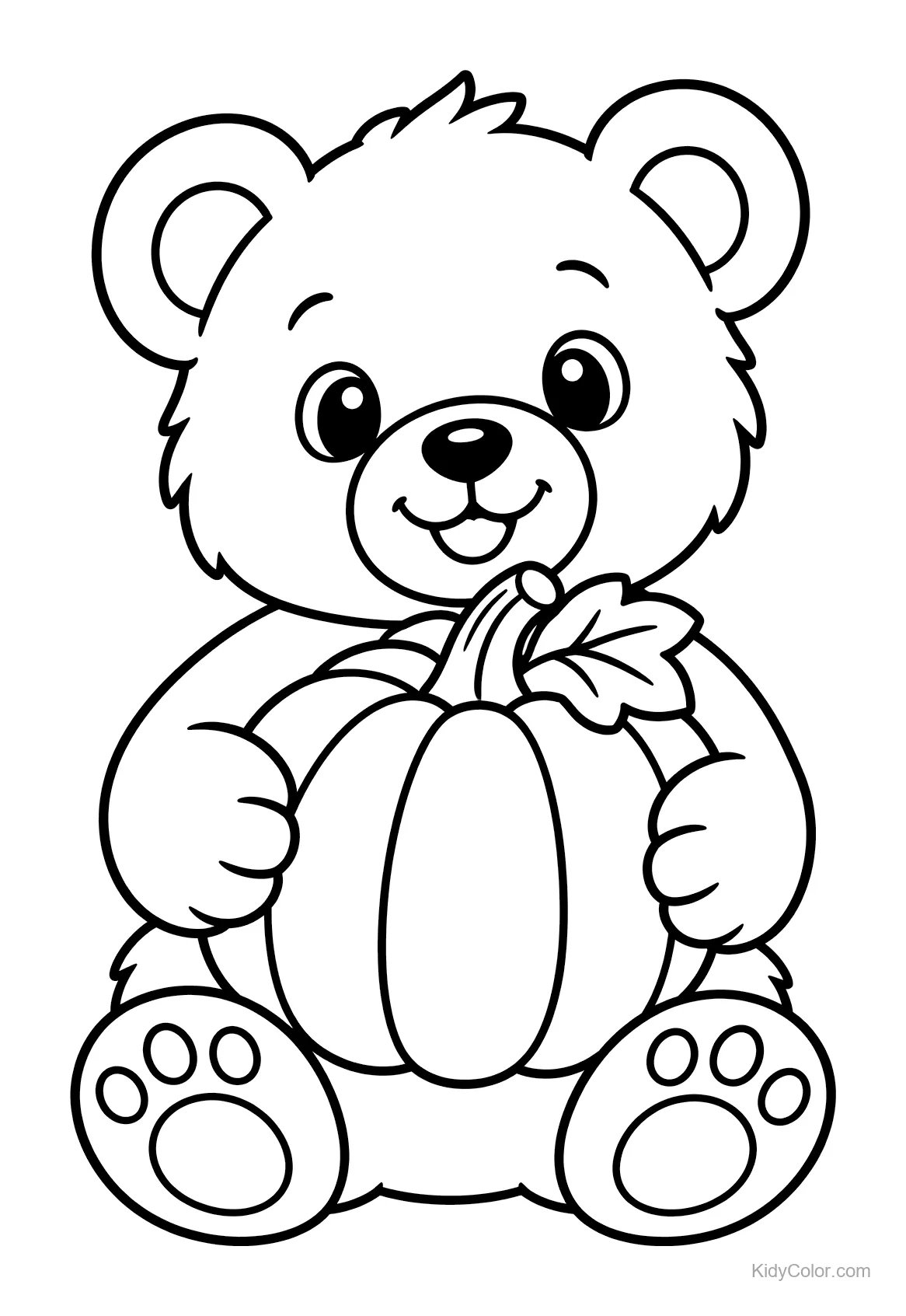 Teddy bear holding and hugging a large pumpkin.