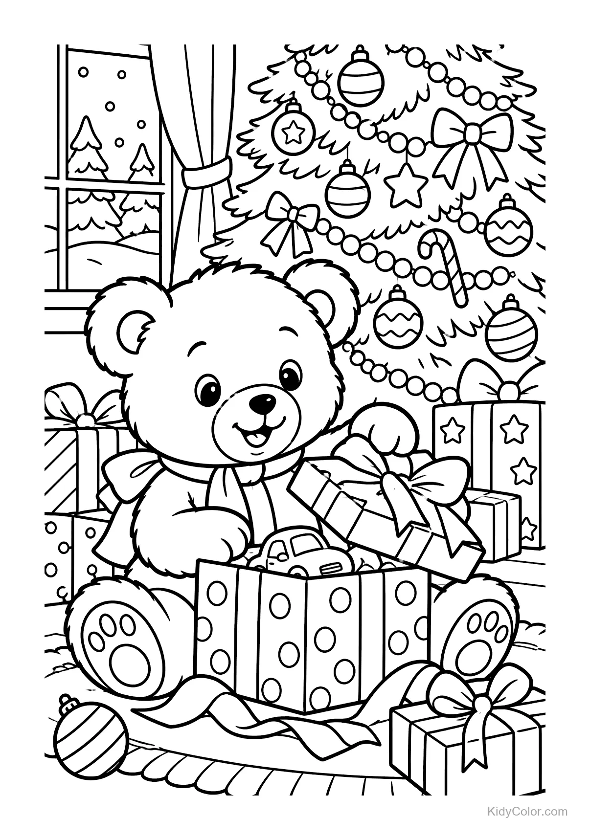 Teddy bear opening a gift under a Christmas tree with ornaments.