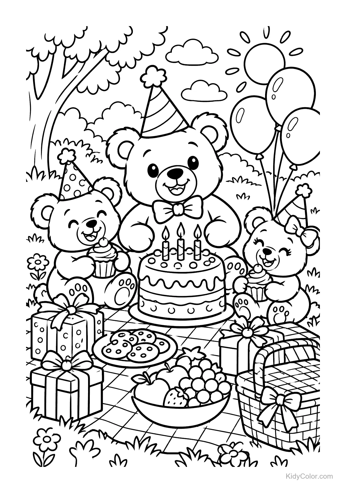 Três ursinhos em um piquenique de aniversário com bolo e presentes.