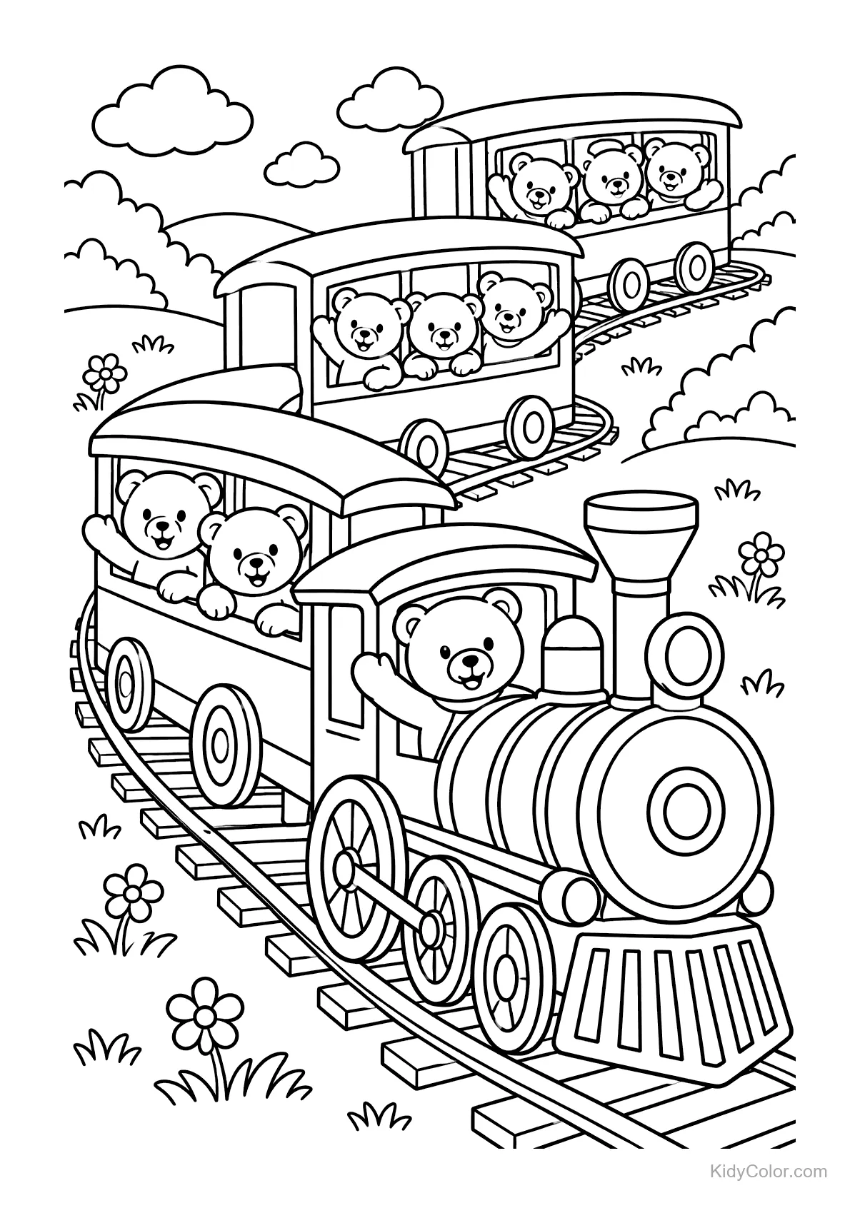 Teddy bears sitting in train cars traveling through hills.