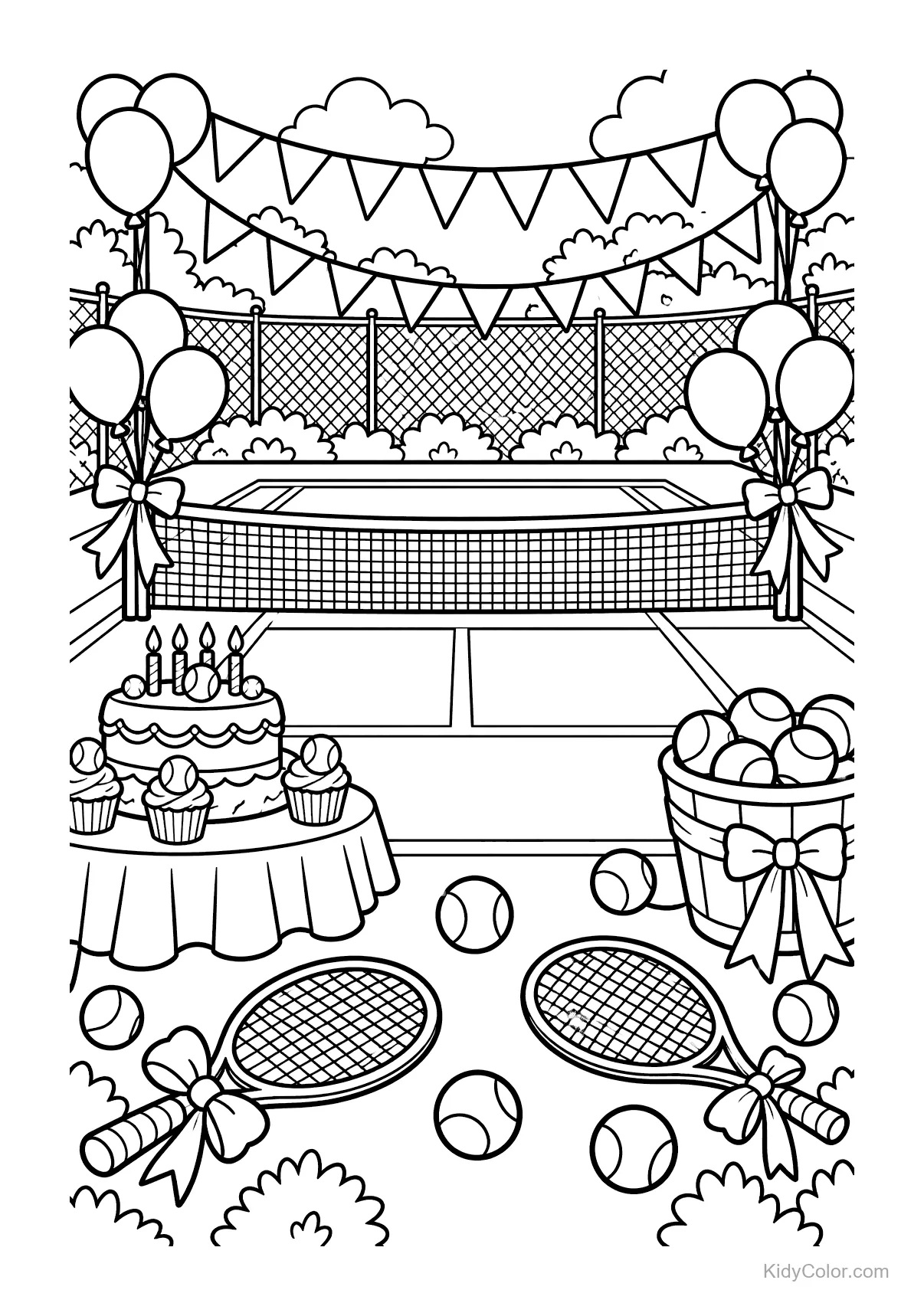 Cena de aniversário em quadra de tênis com raquetes, bolas e decoração de festa.