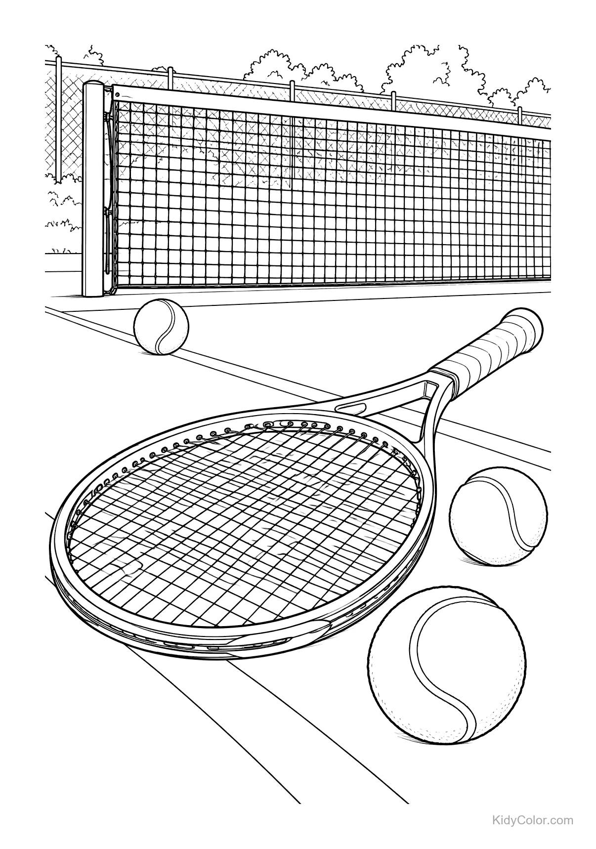 Tennis racket and balls on a court with a net in the background.