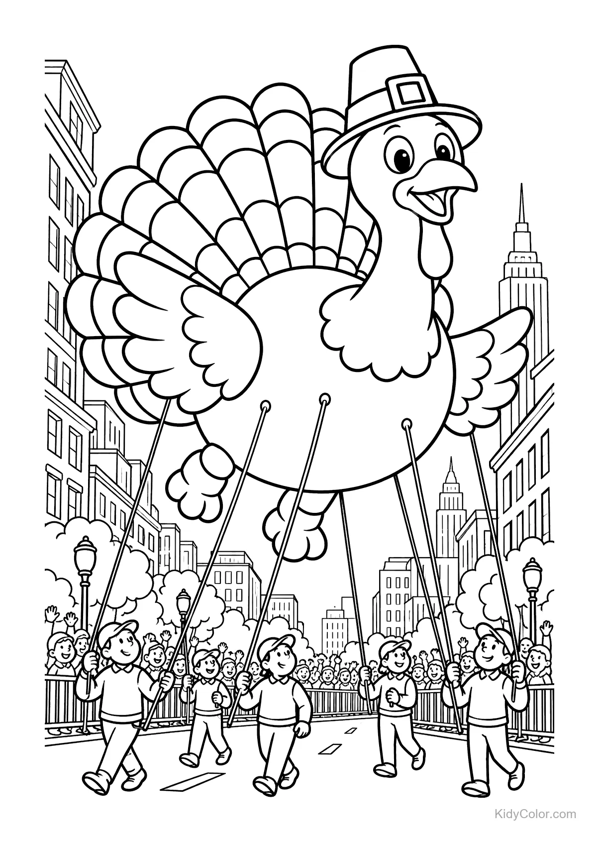 Giant turkey balloon in a parade with handlers.