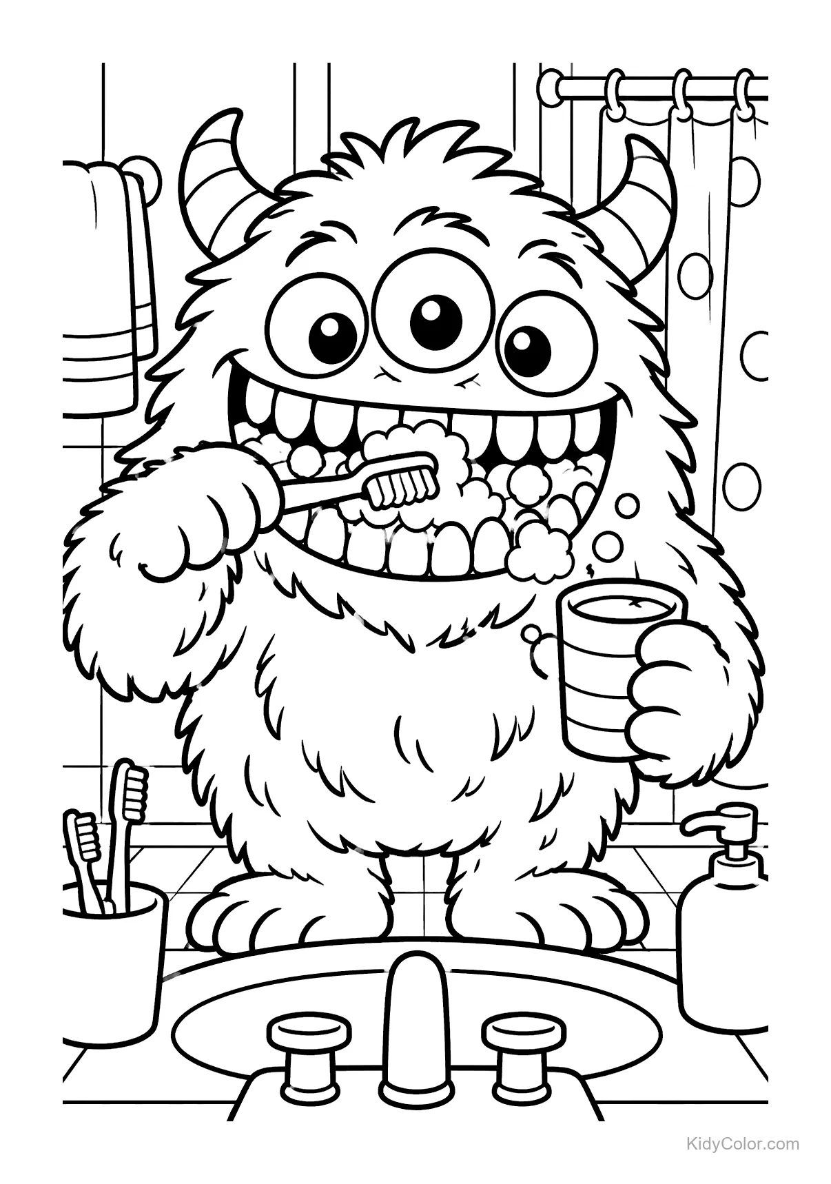 Monstruo de tres ojos cepillándose los dientes con un cepillo y taza.