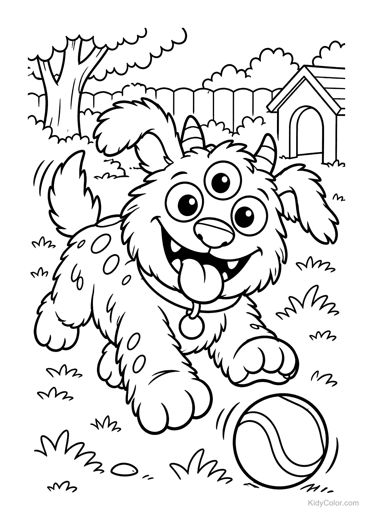 Cachorro monstro de três olhos brincando com uma bola no quintal.