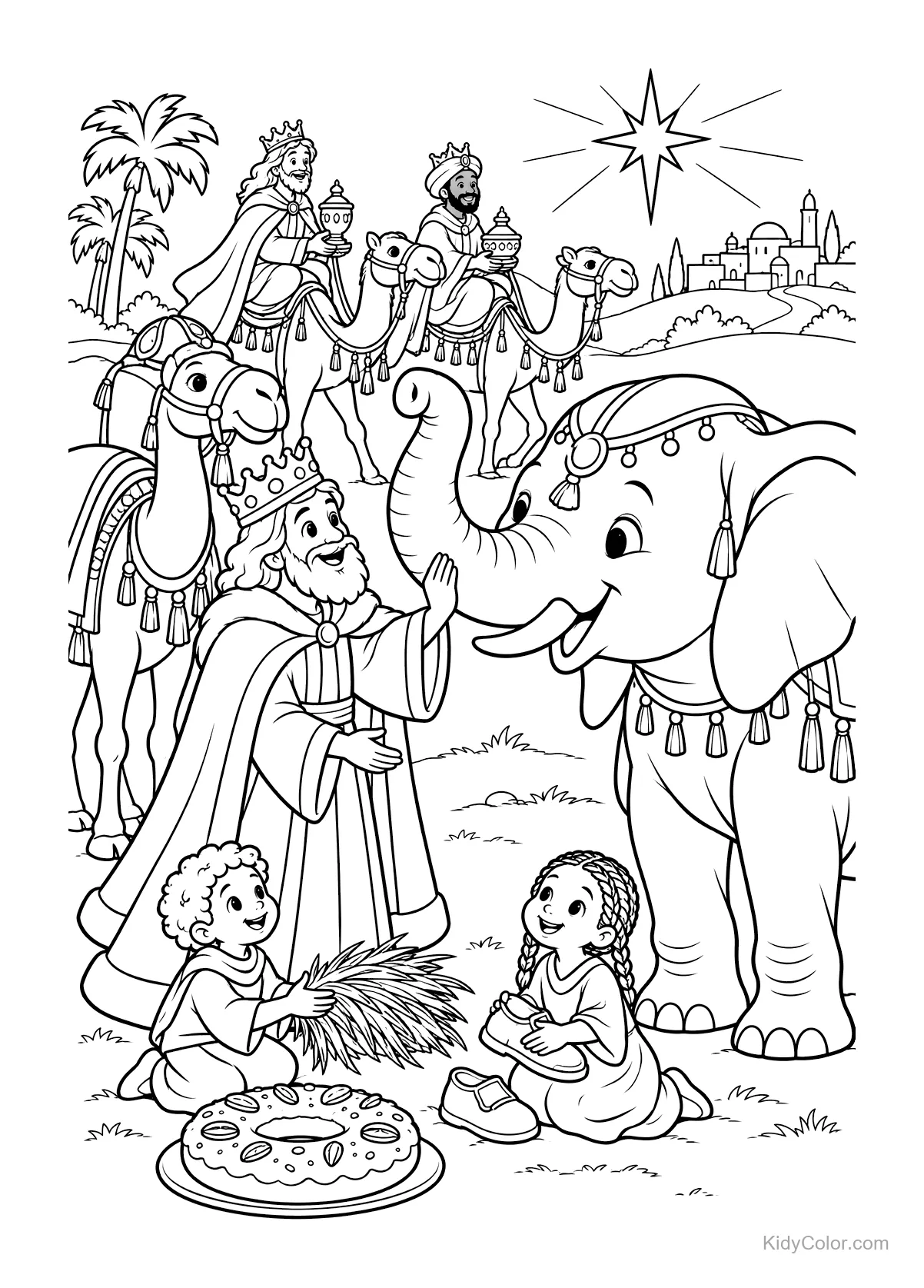 Elefante amichevole e bambini con i Re Magi sui cammelli.