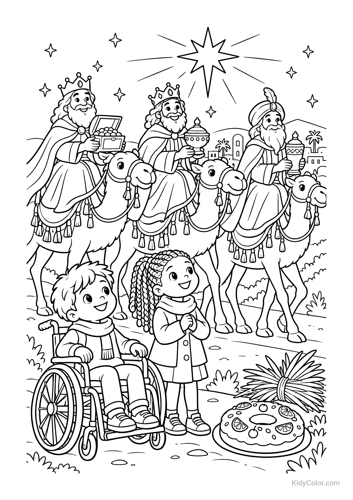 Re Magi sui cammelli e due bambini che guardano una stella.