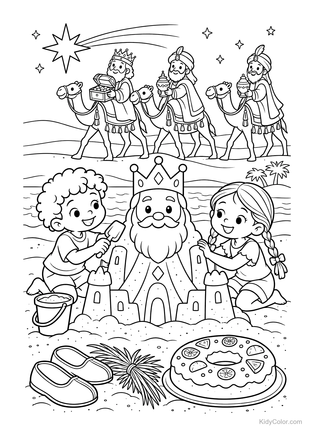Three kids build a sandcastle with a king, and Three Wise Men on camels in the background.