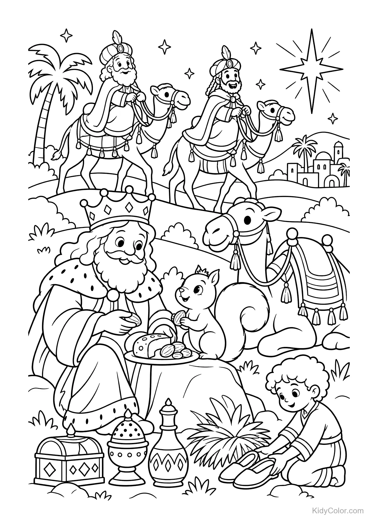 Three Kings with camels, a squirrel, and a child holding gifts.