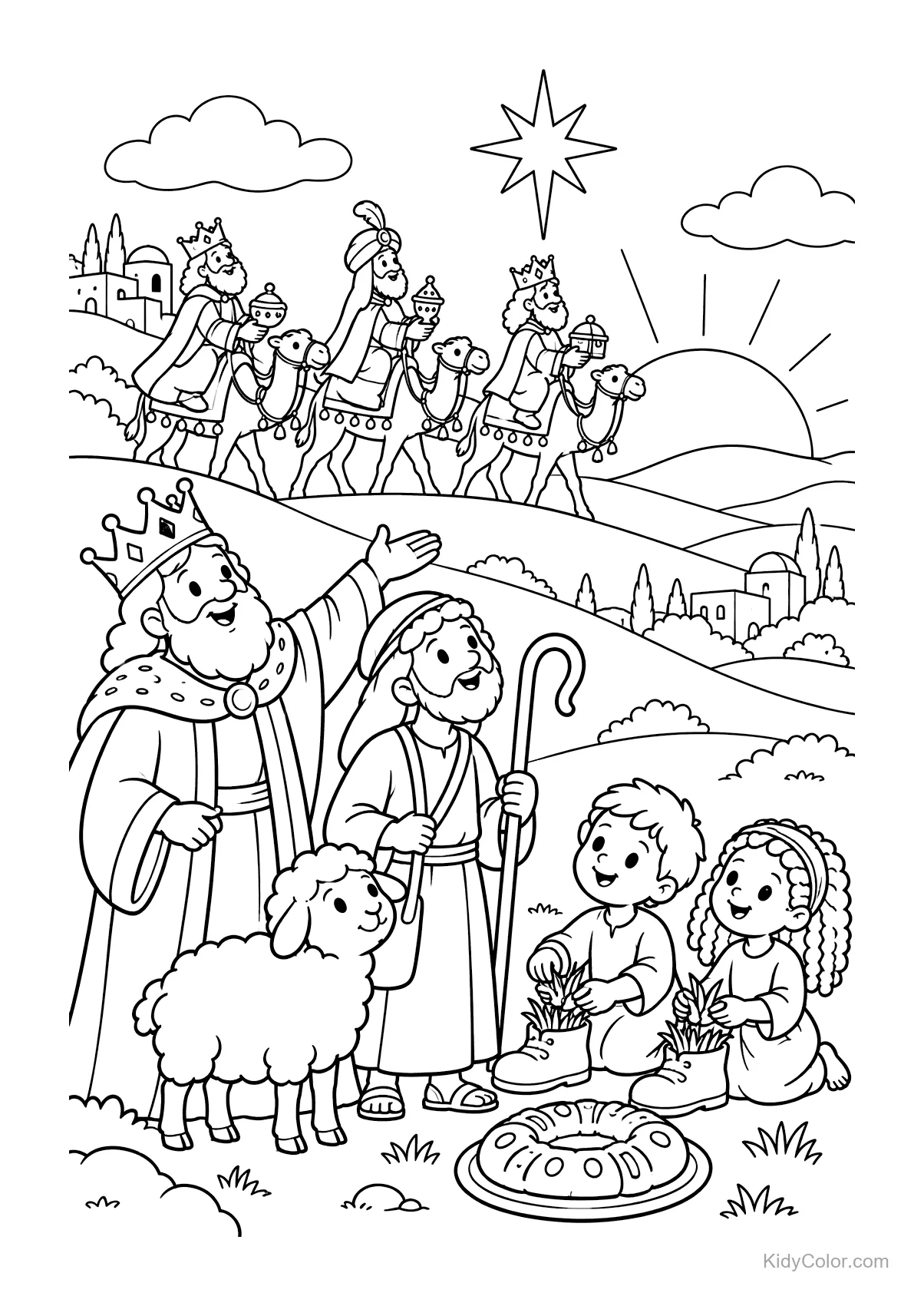 Three kings on camels at sunrise with a shepherd and kids.