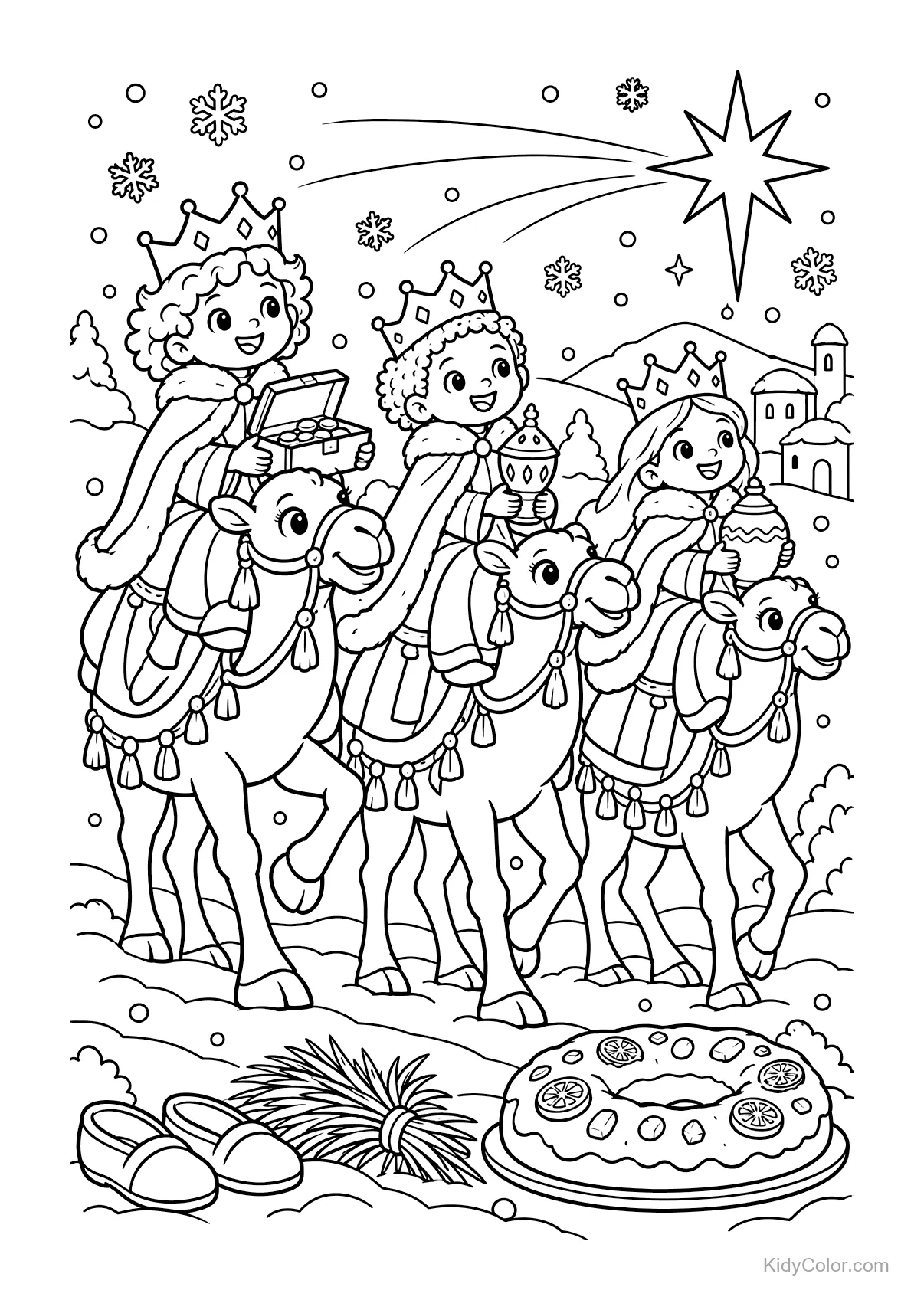 Three kings on camels in snow, under a starry sky with a bright star.