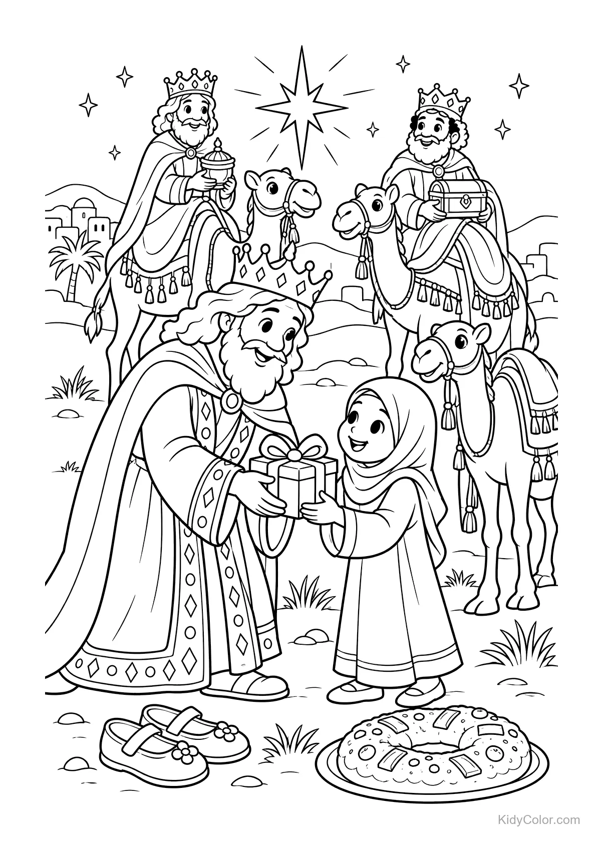 Three Kings with camels giving a gift to a child under a star.