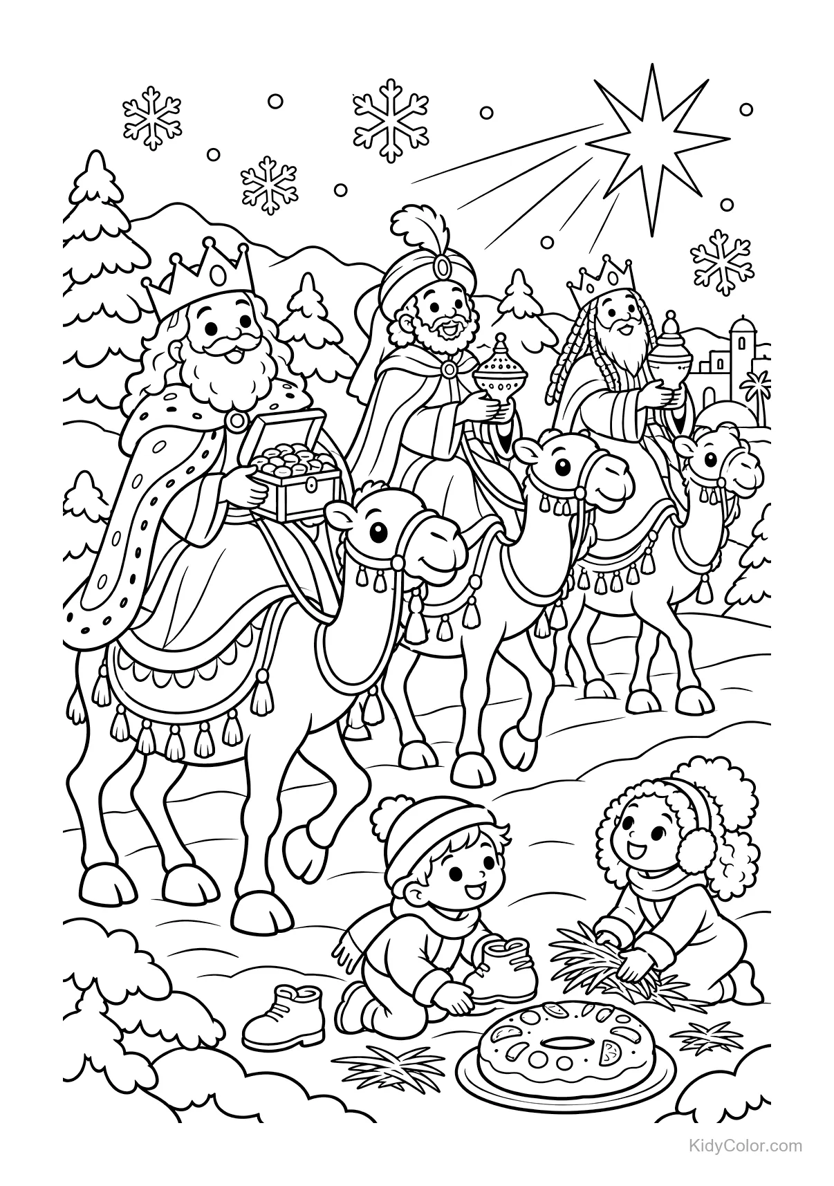 Three kings on camels with gifts, star above, two children playing.