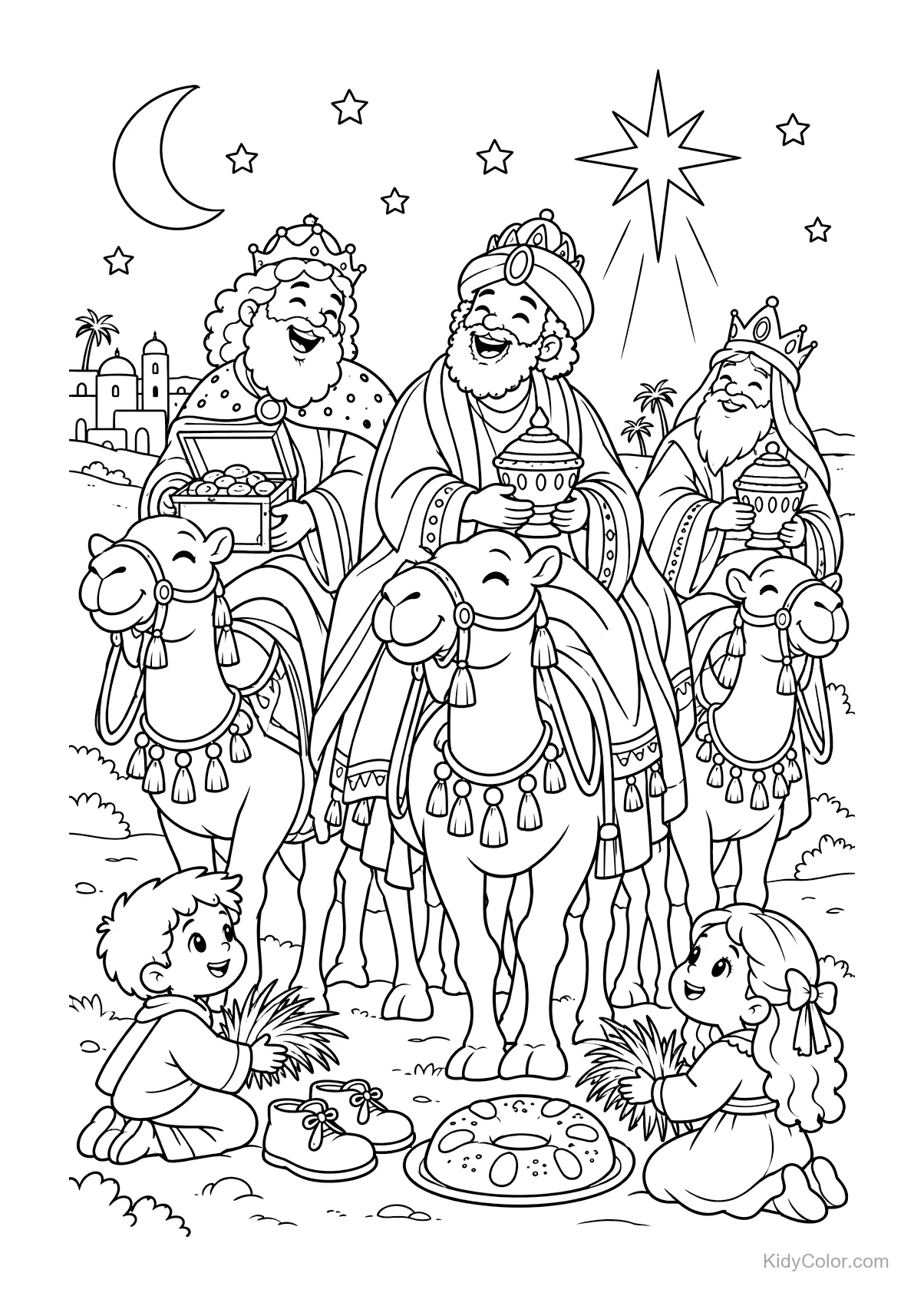 Three Kings on camels with gifts under a star, two kids sitting nearby.