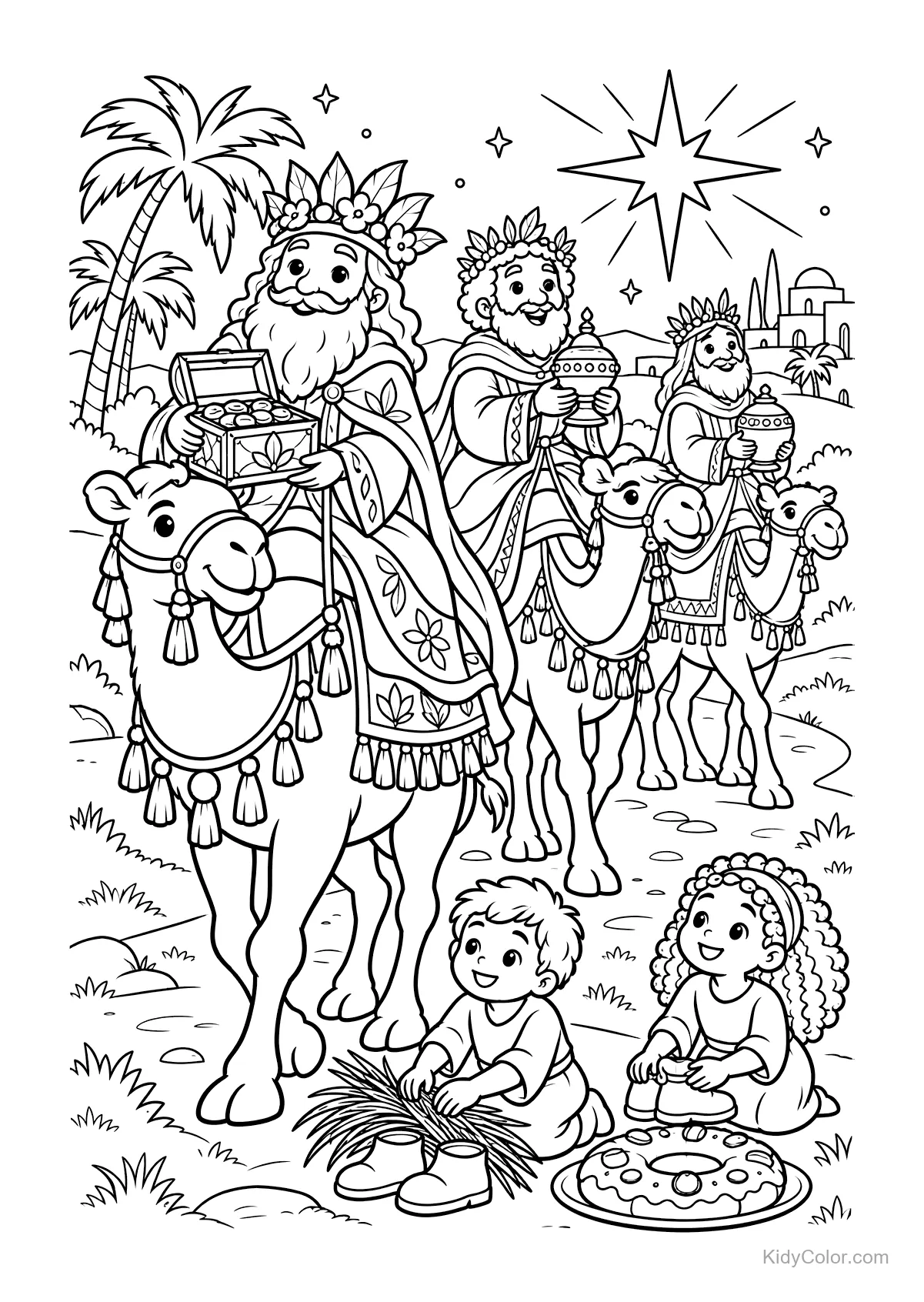Three wise men on camels with gifts and a guiding star.