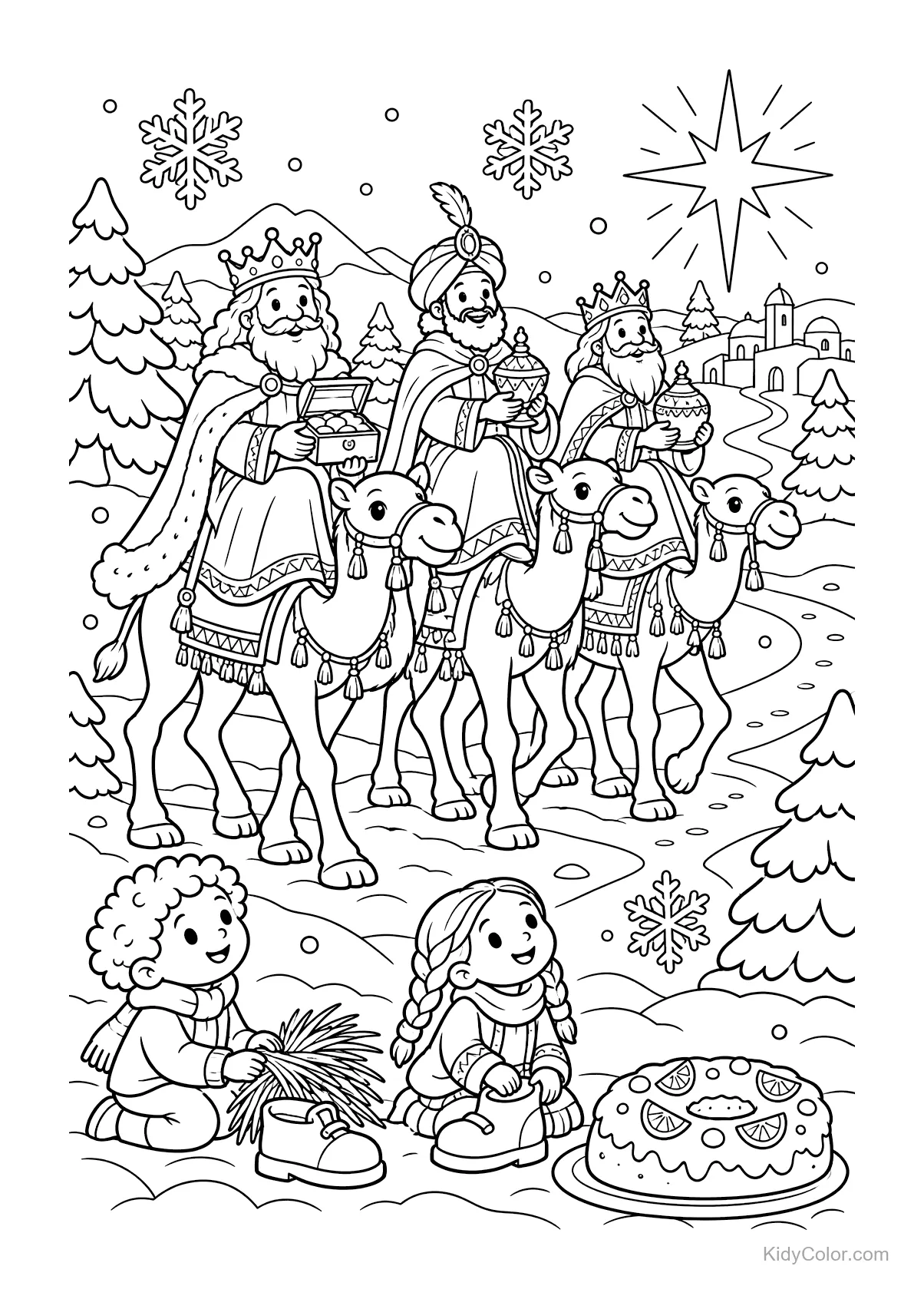 Three Kings on camels surrounded by snow with a star and children.