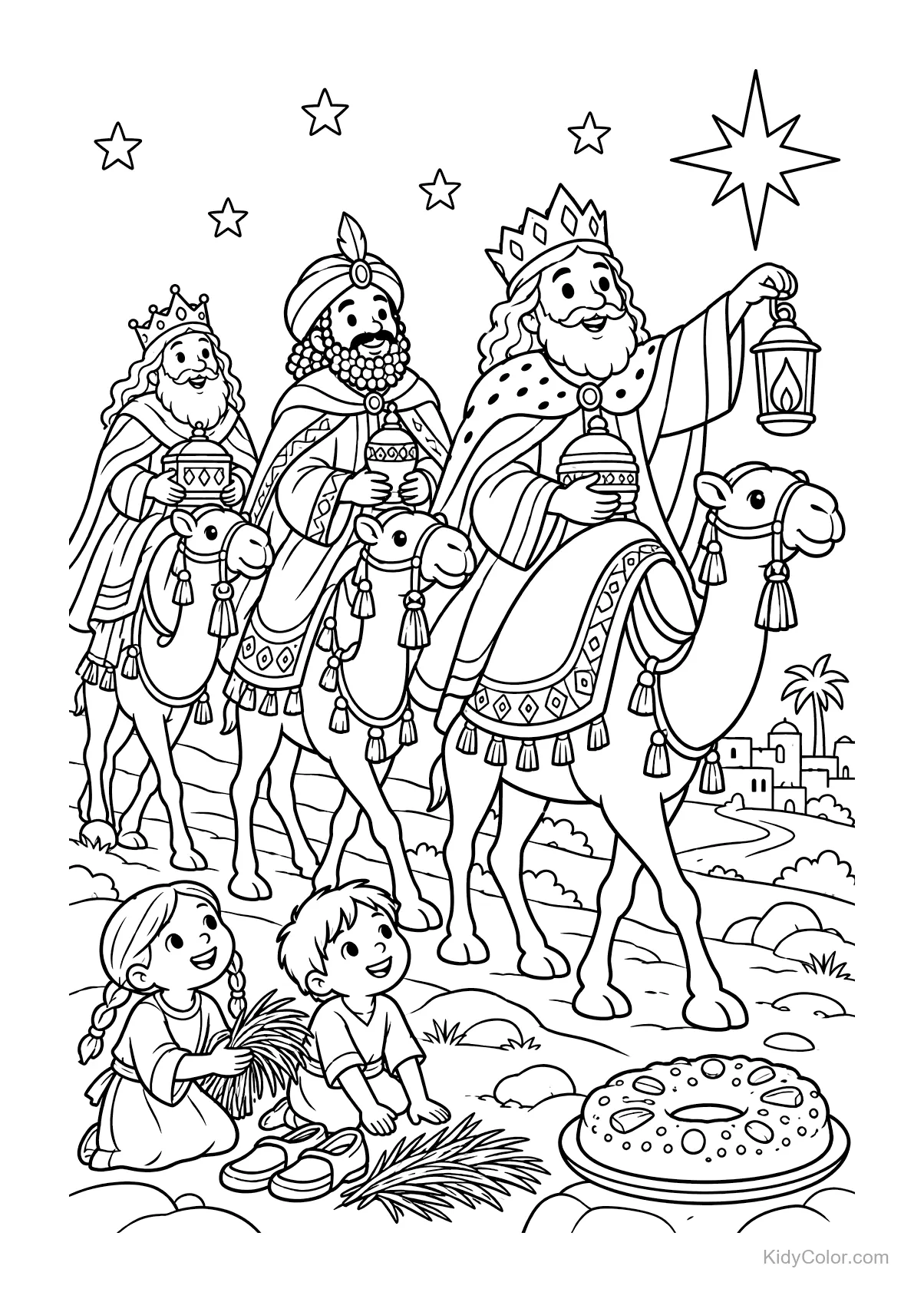 Drie koningen op kamelen onder een ster, twee kinderen kijken toe