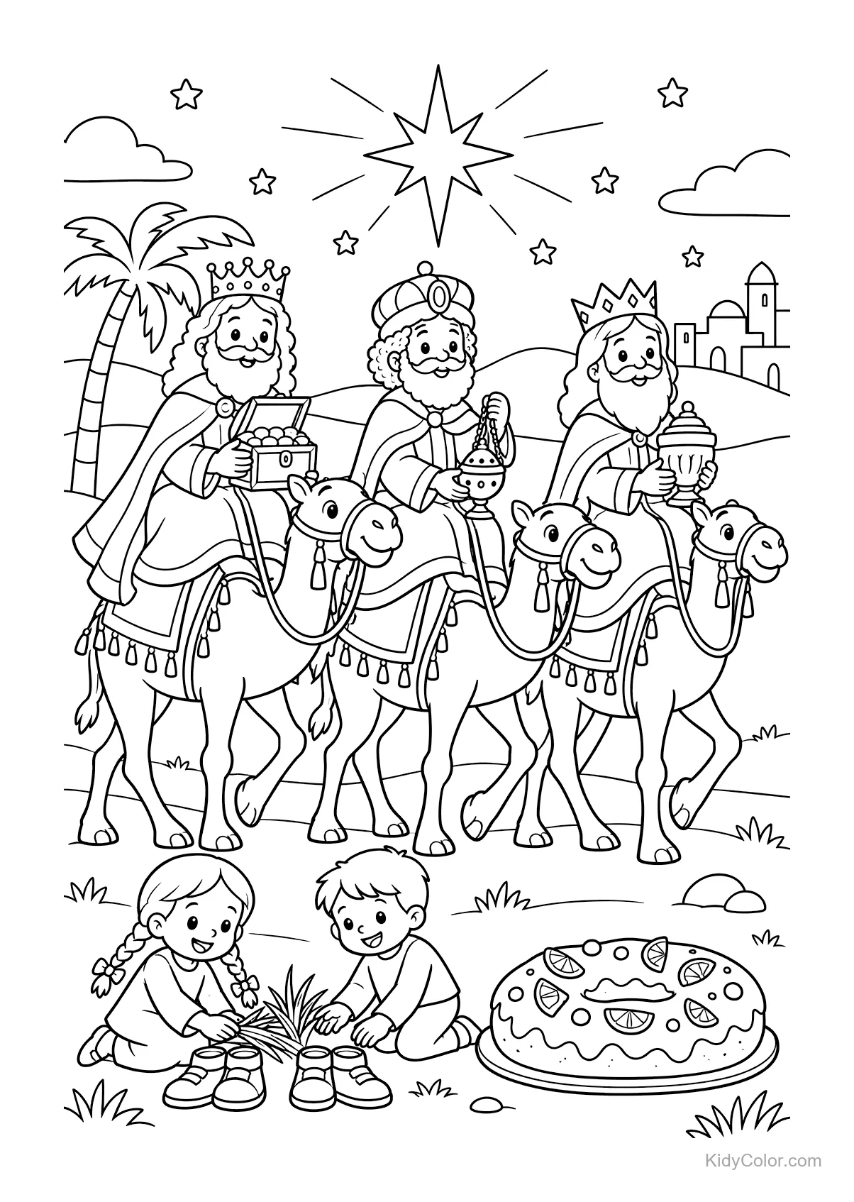 Drei Könige reiten auf Kamelen, halten Geschenke unter einem Sternenhimmel, mit spielenden Kindern und einem traditionellen Kuchen.