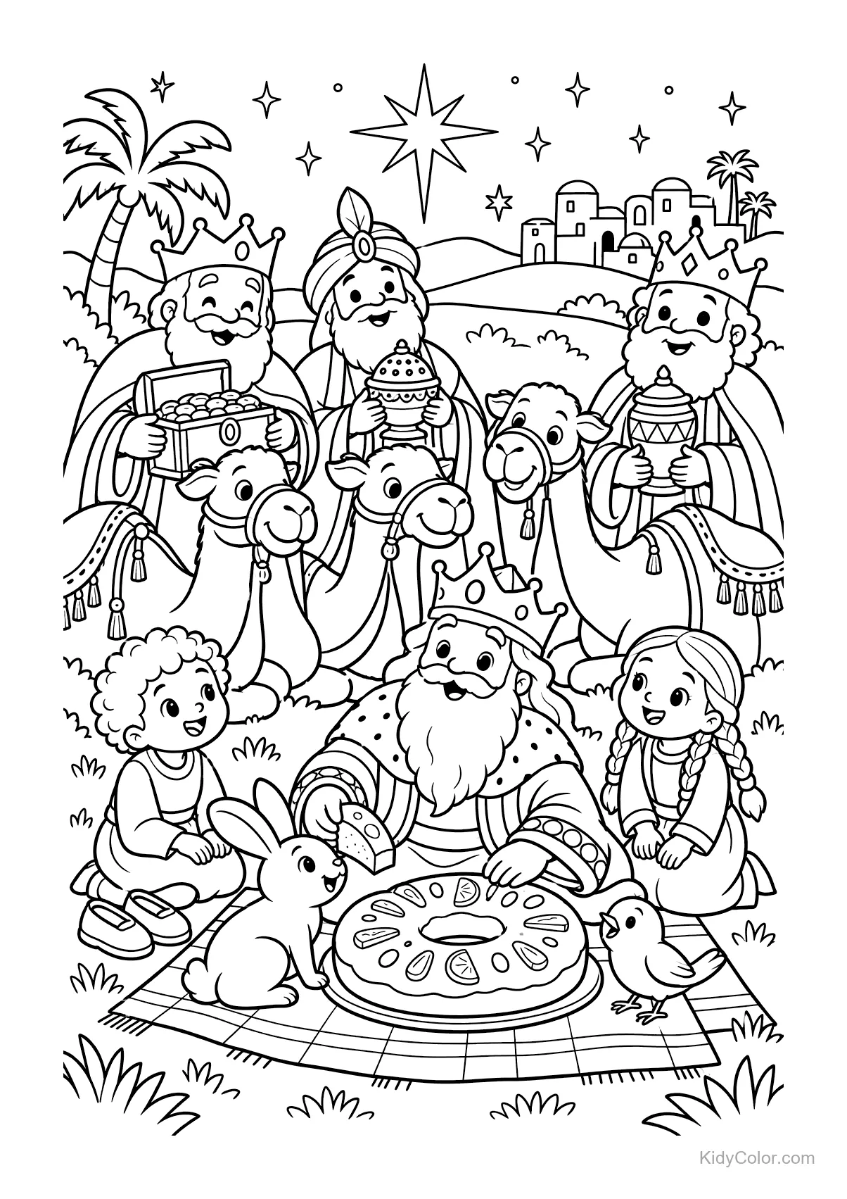 Three Kings having a picnic with children and animals under a starry sky.