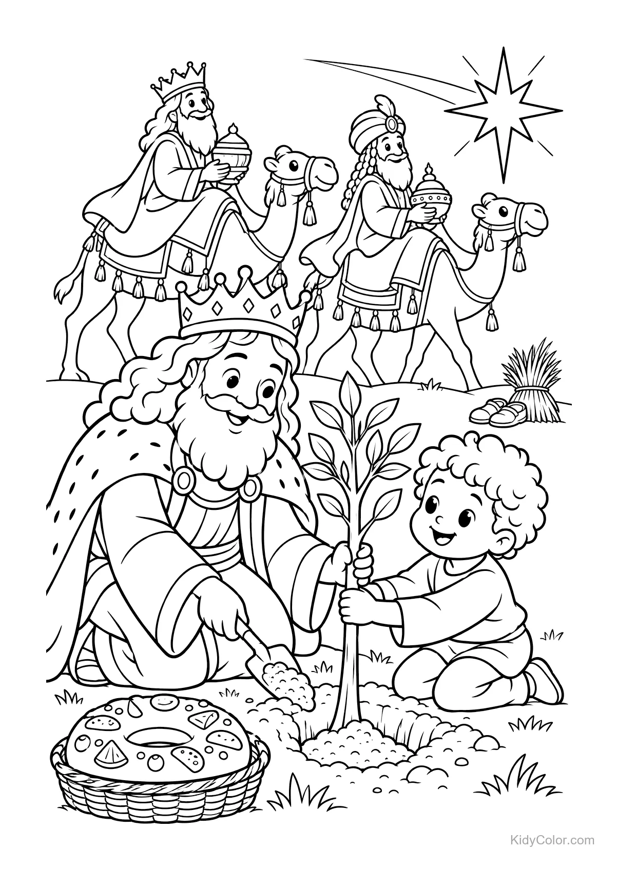 Re Magi piantano un albero con un bambino, cammelli sullo sfondo.