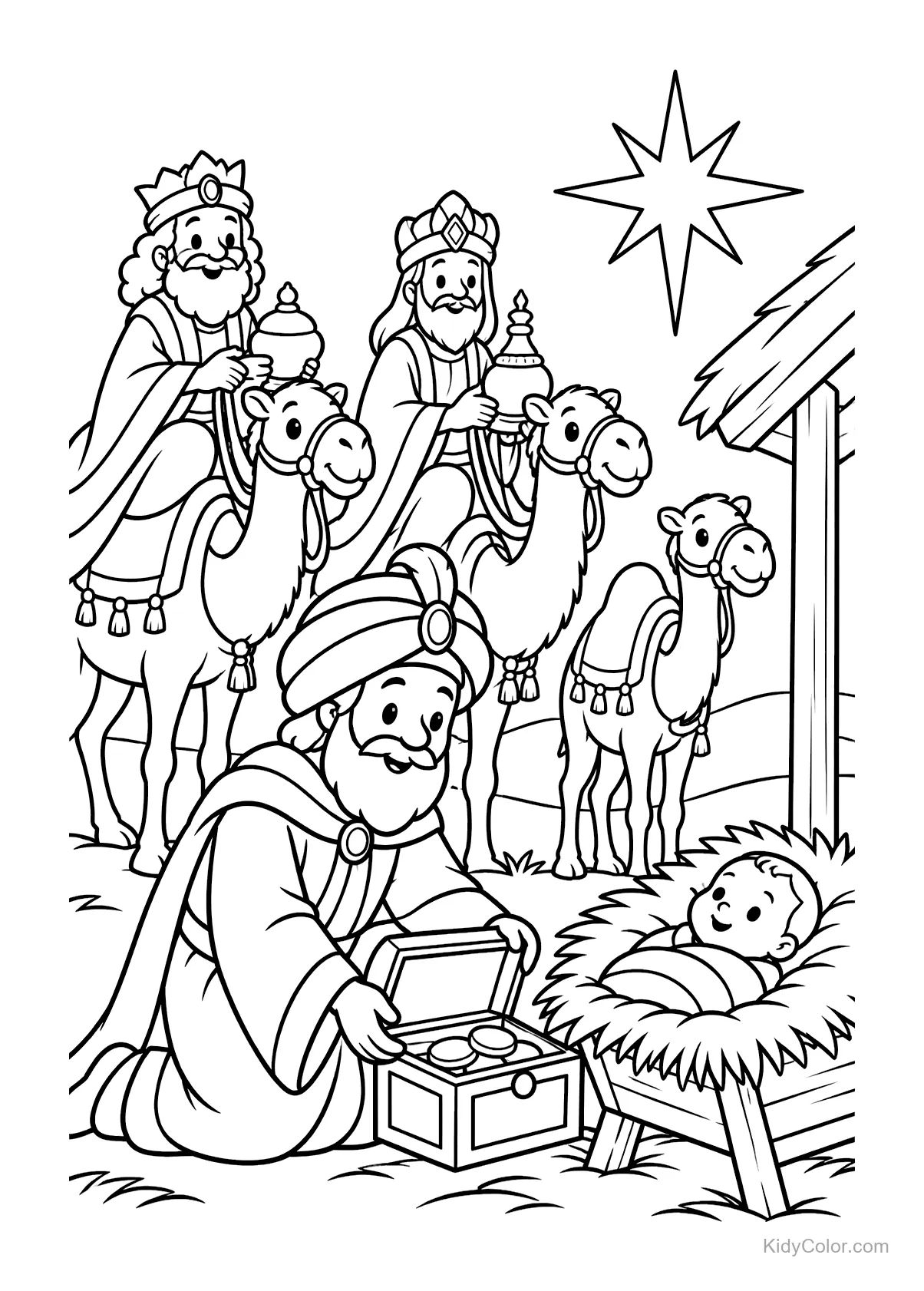 Drie koningen met kamelen brengen geschenken aan baby Jezus in een kribbe