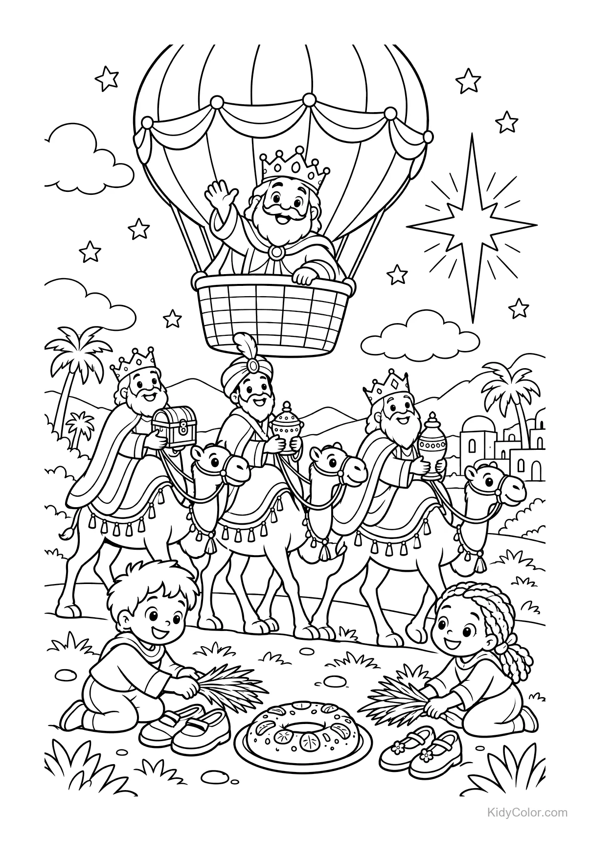 Re Magi su cammelli, uno in mongolfiera, con stella e bambini con doni.