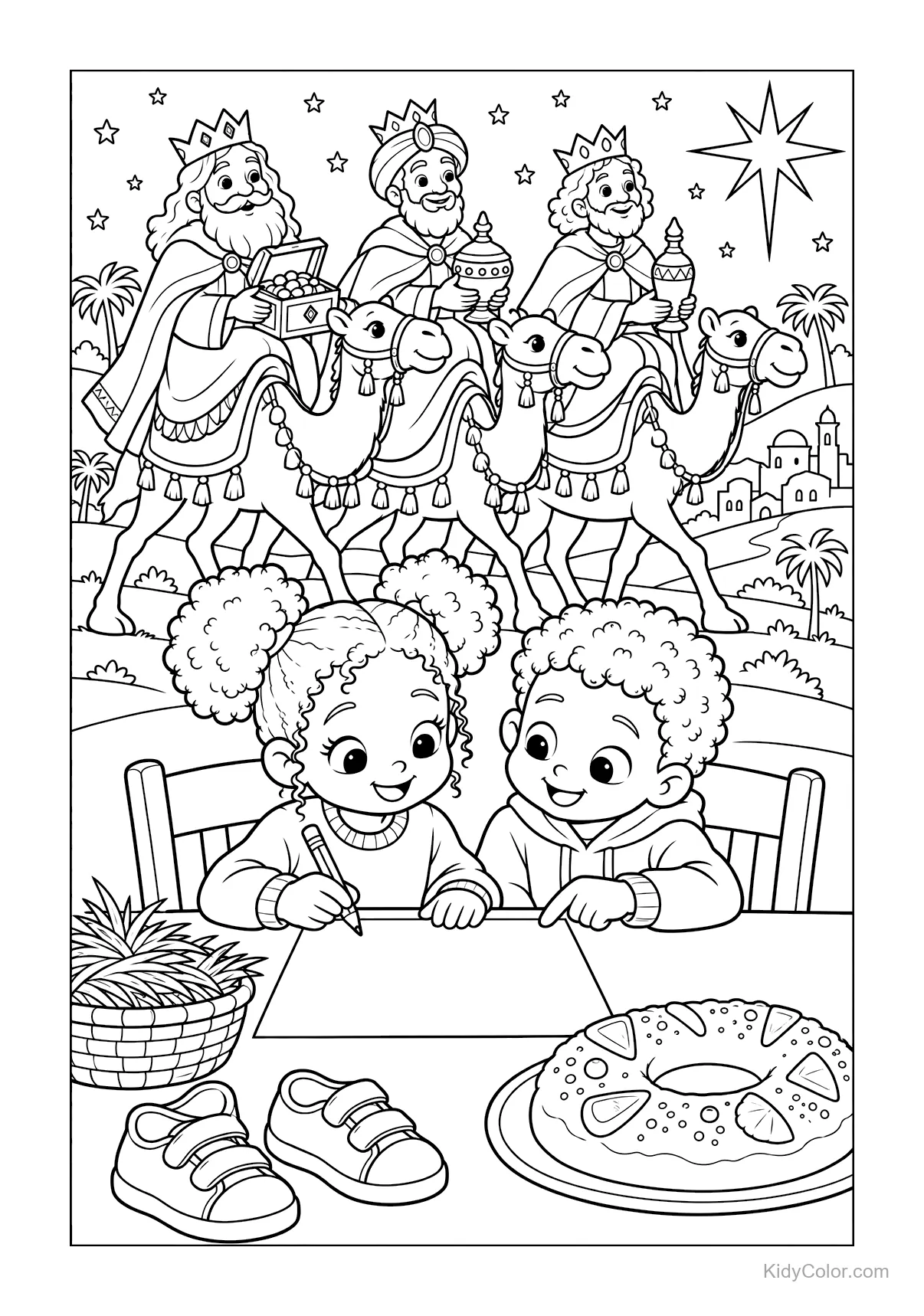 I Re Magi su cammelli dietro due bambini che disegnano a un tavolo.