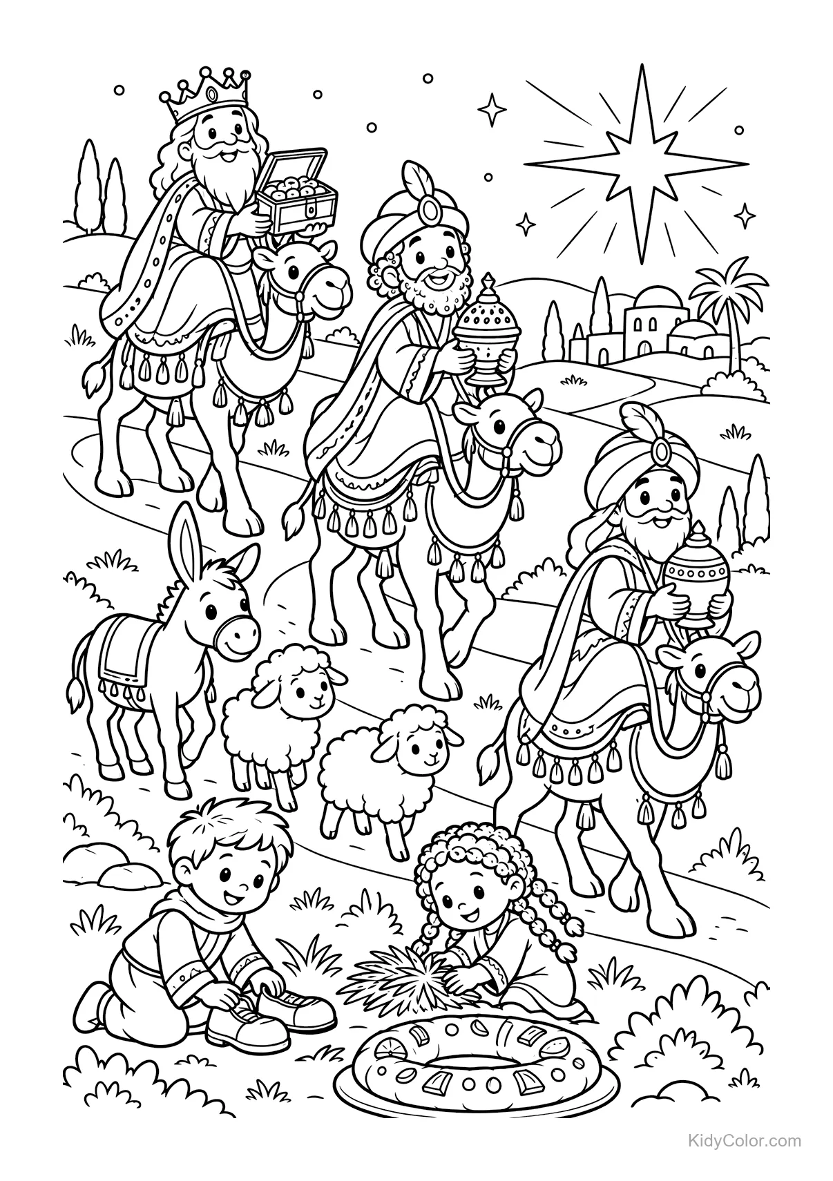 Re Magi su cammelli con doni, stella, bambini e pecore.